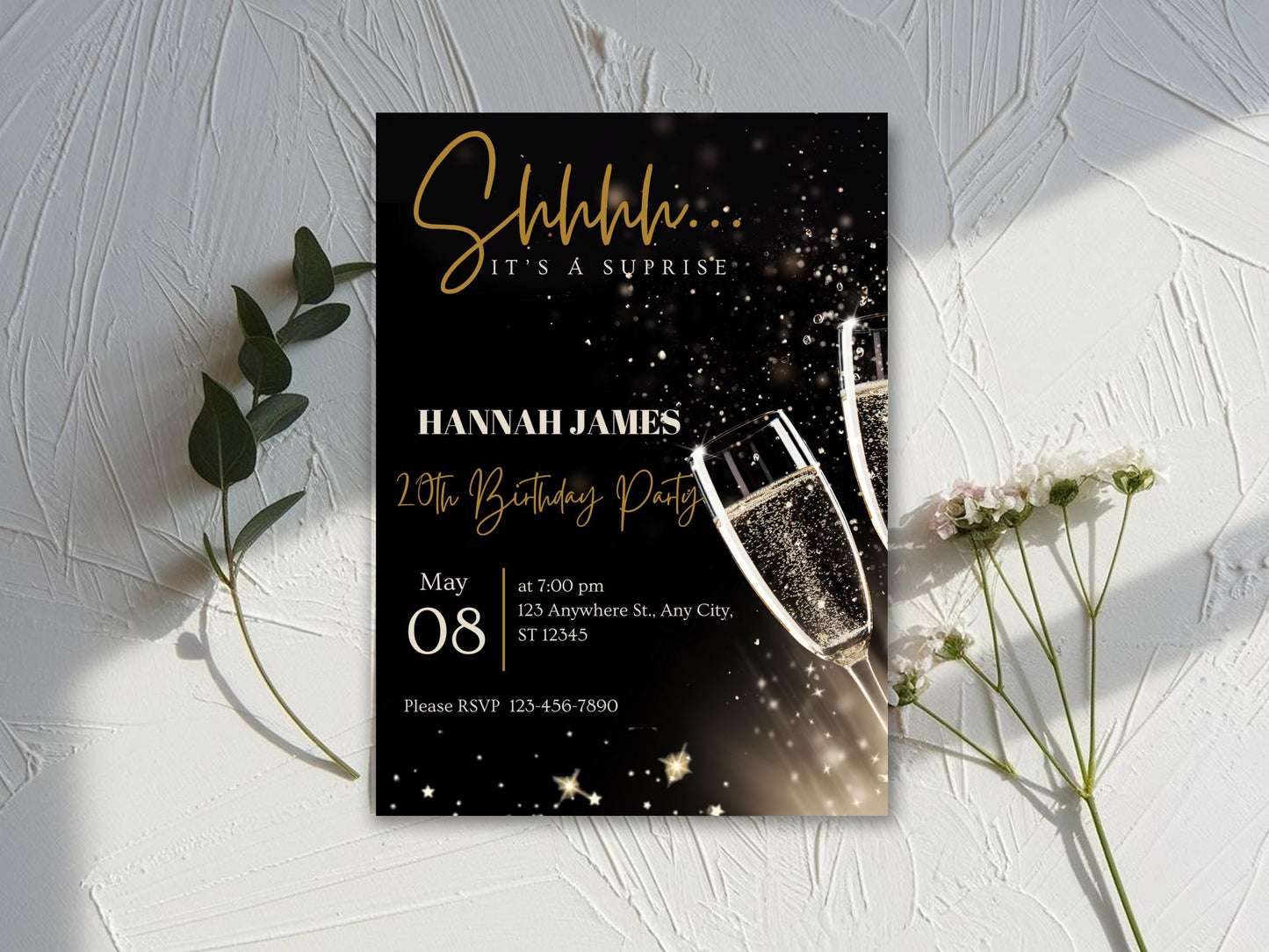 Invito di compleanno a sorpresa con glitter nero e oro (invito digitale)