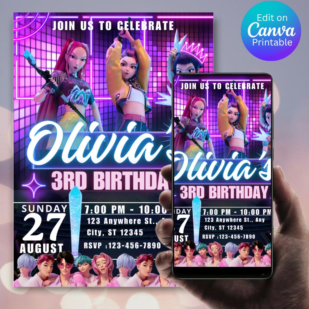 Invito di compleanno per cacciatori di demoni Kpop, festa a tema cacciatori di demoni Kpop, invito per festa modificabile, decorazioni per feste di compleanno per cacciatori di demoni per divertimento IV