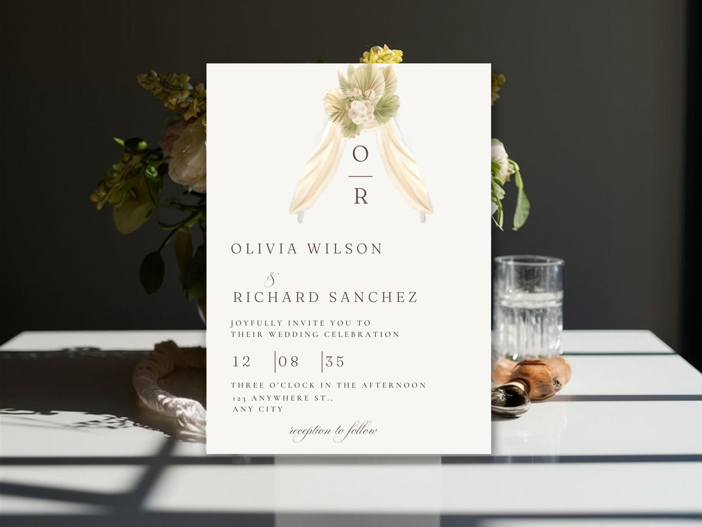 Rustic Monogram Wedding Invitation: Beige Floral Canva Template