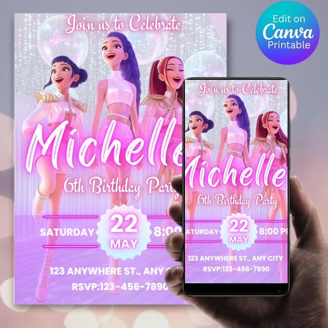 Invito di compleanno Kpop per bambini: Anime Monsters, modello Canva modificabile (download digitale)