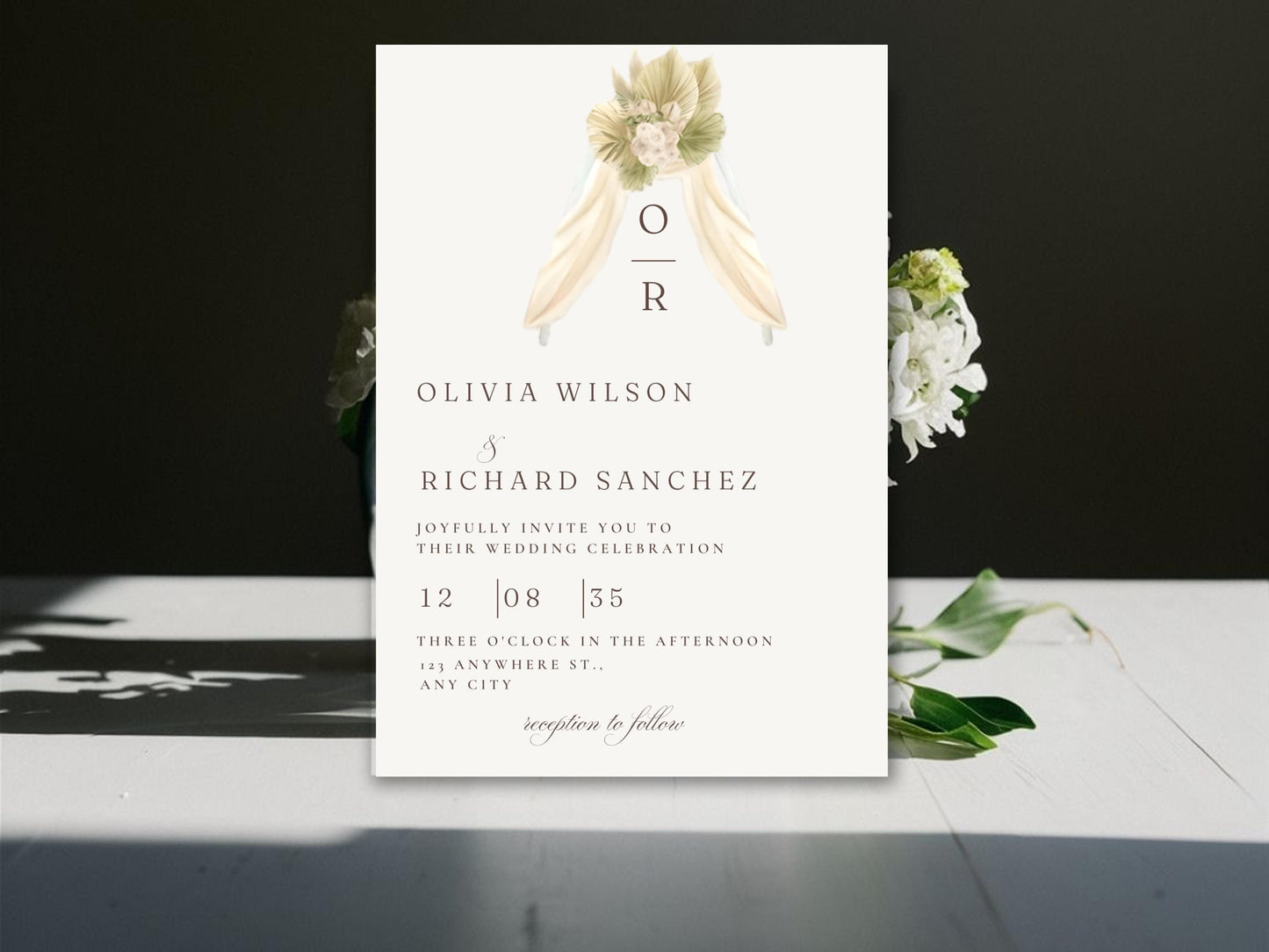 Rustic Monogram Wedding Invitation: Beige Floral Canva Template