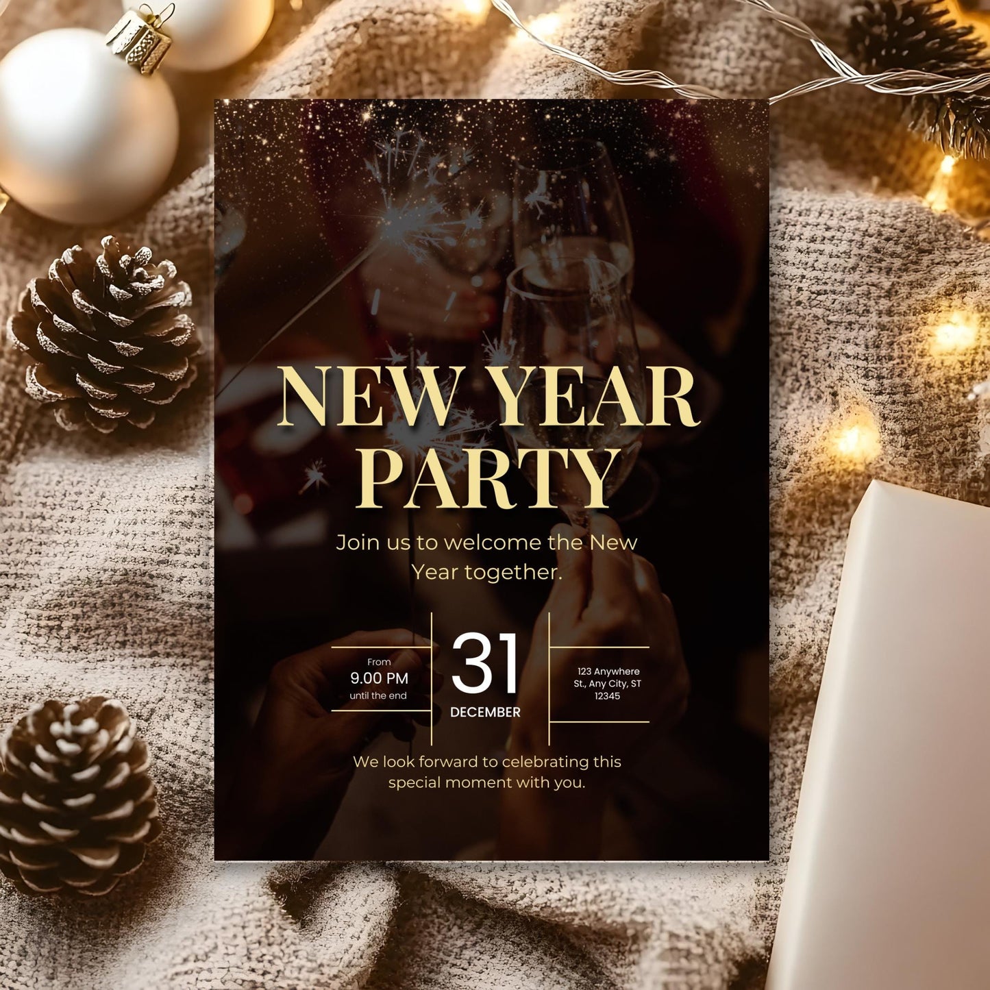 Invito di Capodanno 2026 modificabile: festa di Capodanno animata (download digitale)