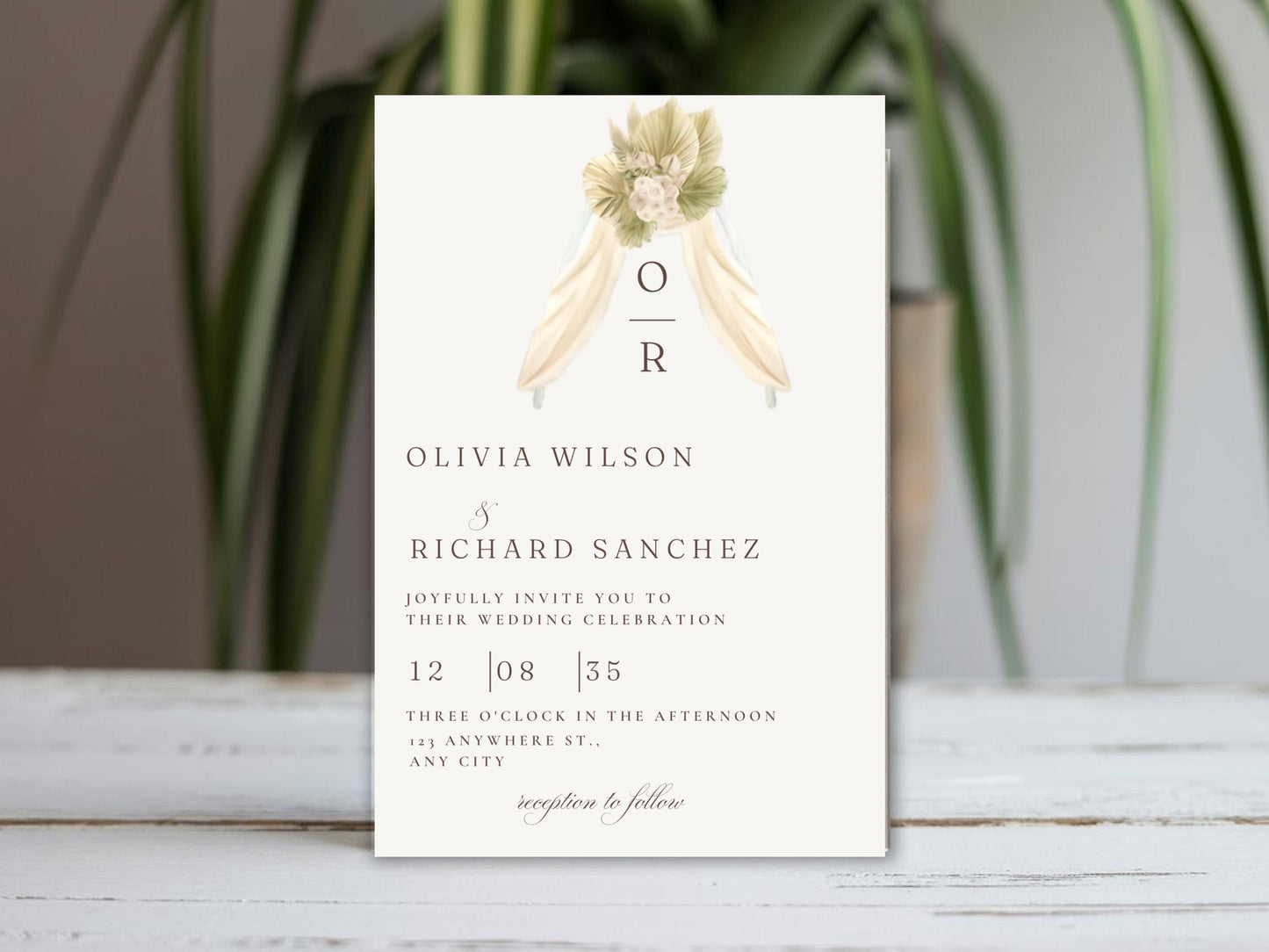 Rustic Monogram Wedding Invitation: Beige Floral Canva Template