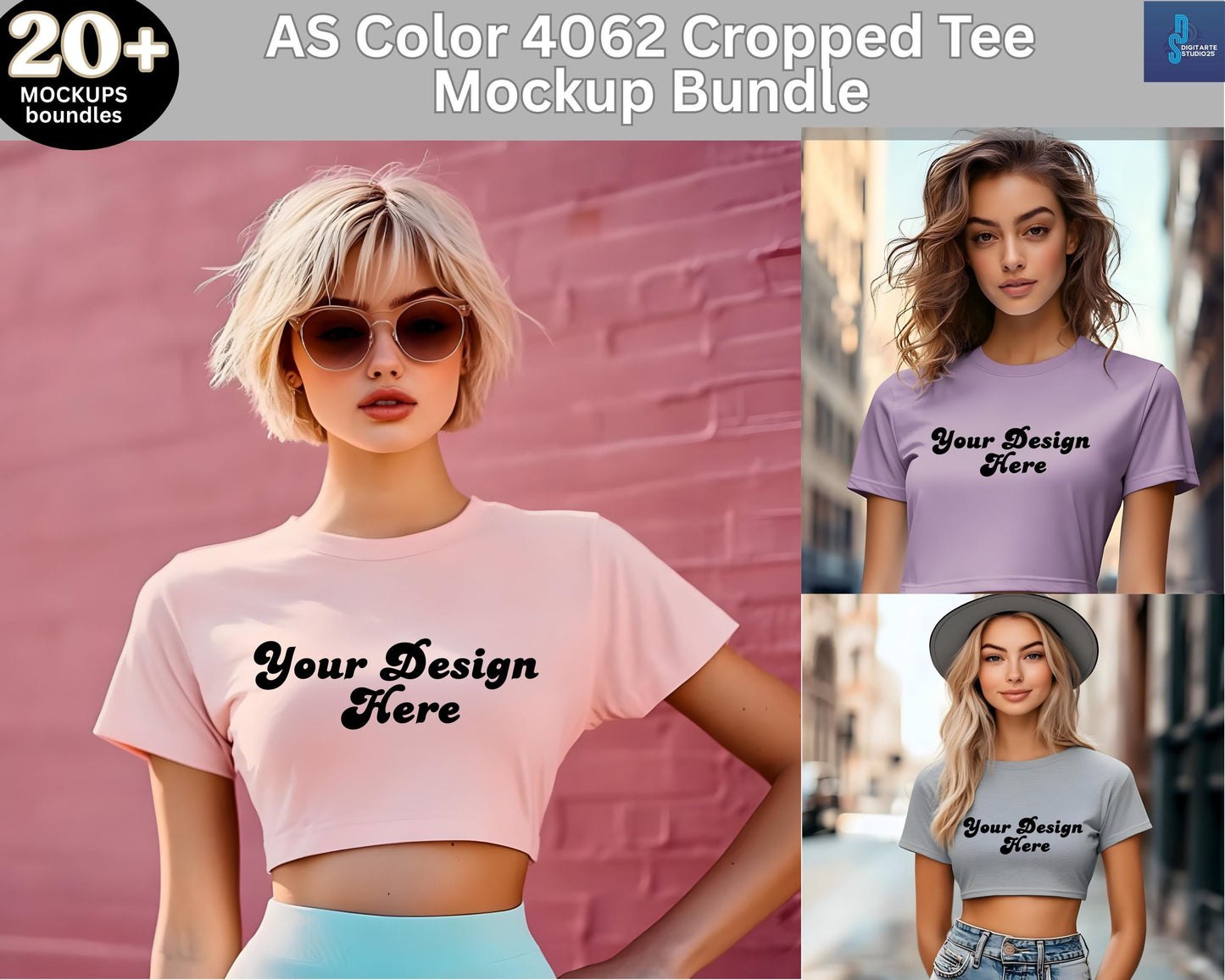 Color 4062 Cropped Tee Mockup Bundle, Front & Back Model (2-Pack Digital Download)