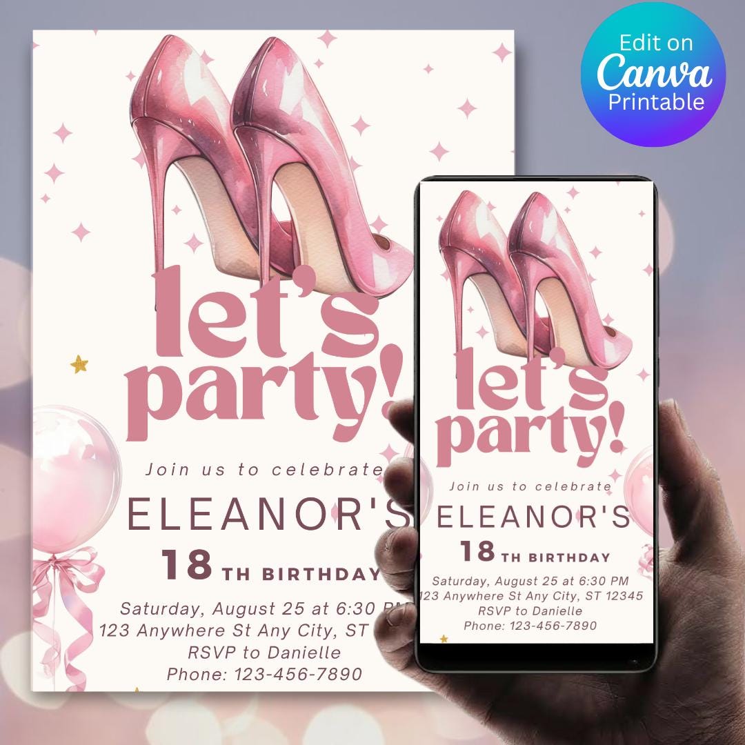 Pink Heels Birthday Invitation: Elegant Editable Canva Template