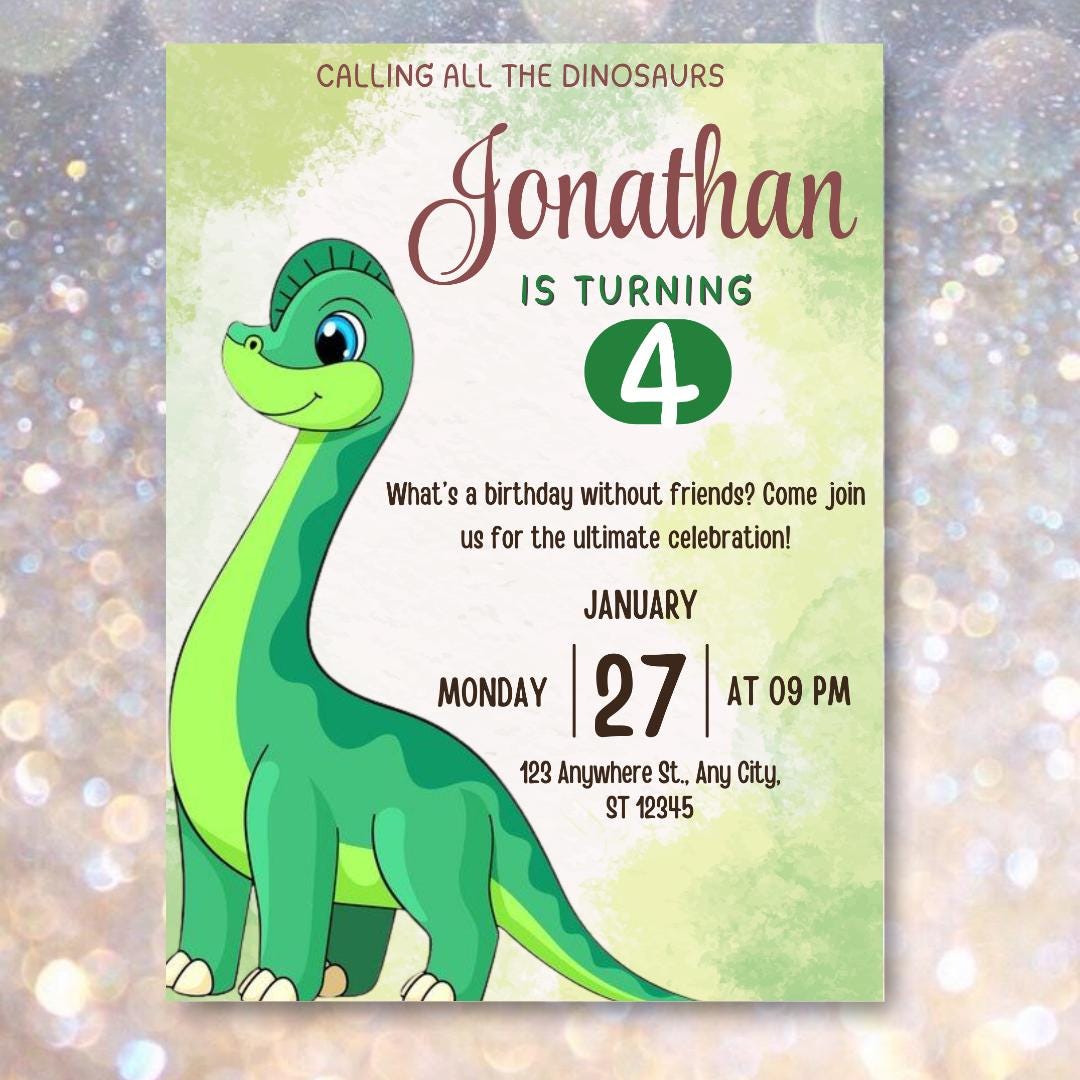 Invito per il terzo compleanno dei dinosauri: festa dei tre Rex, modello Canva modificabile