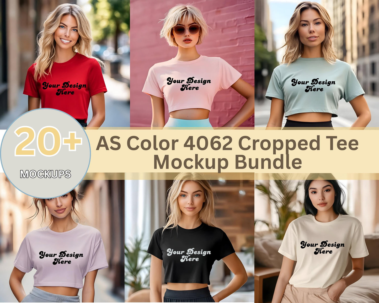 Color 4062 Cropped Tee Mockup Bundle, Front & Back Model (2-Pack Digital Download)