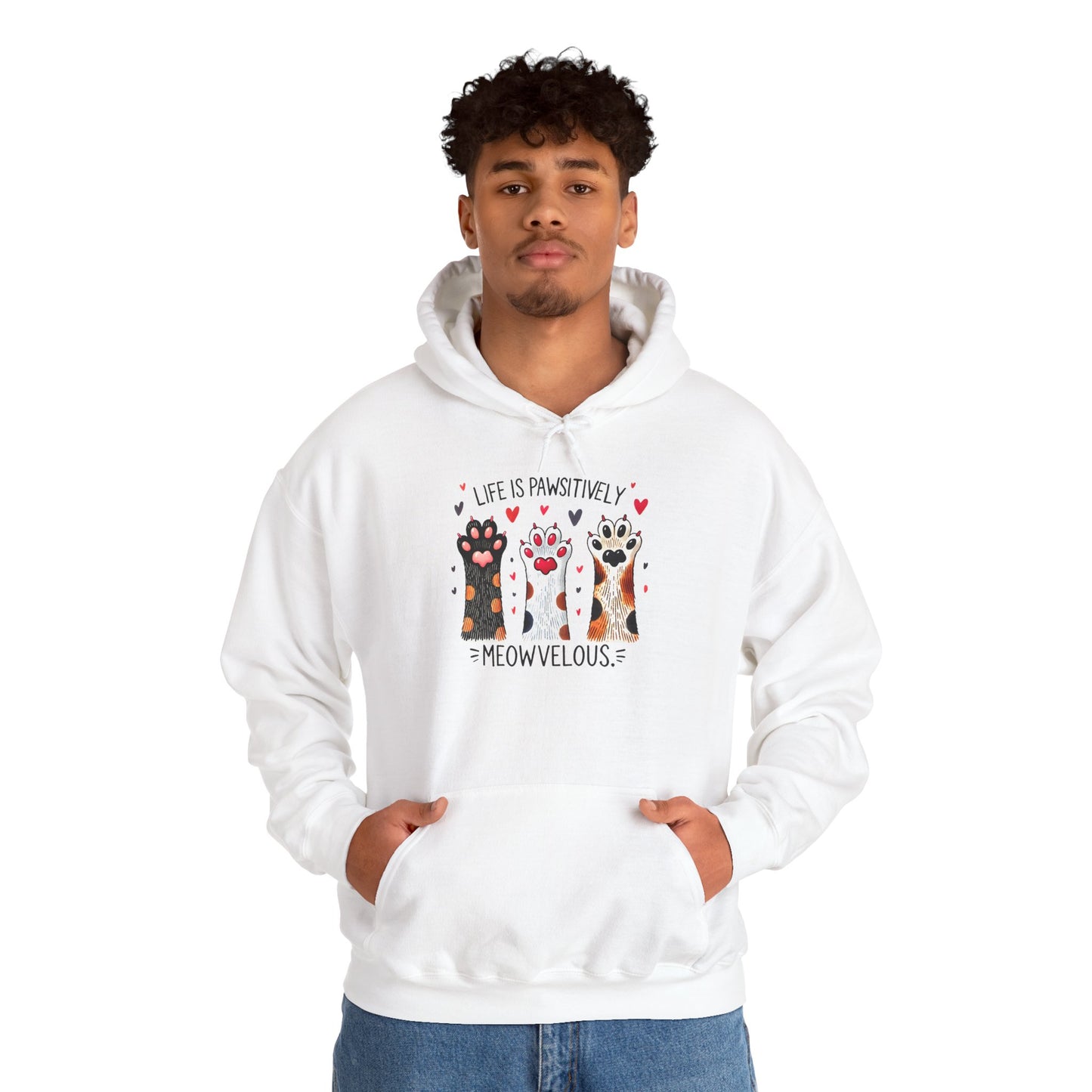Cat Lover Hoodie — "Life is Pawsitively Meowvelous" Cute Cat Graphic Pullover