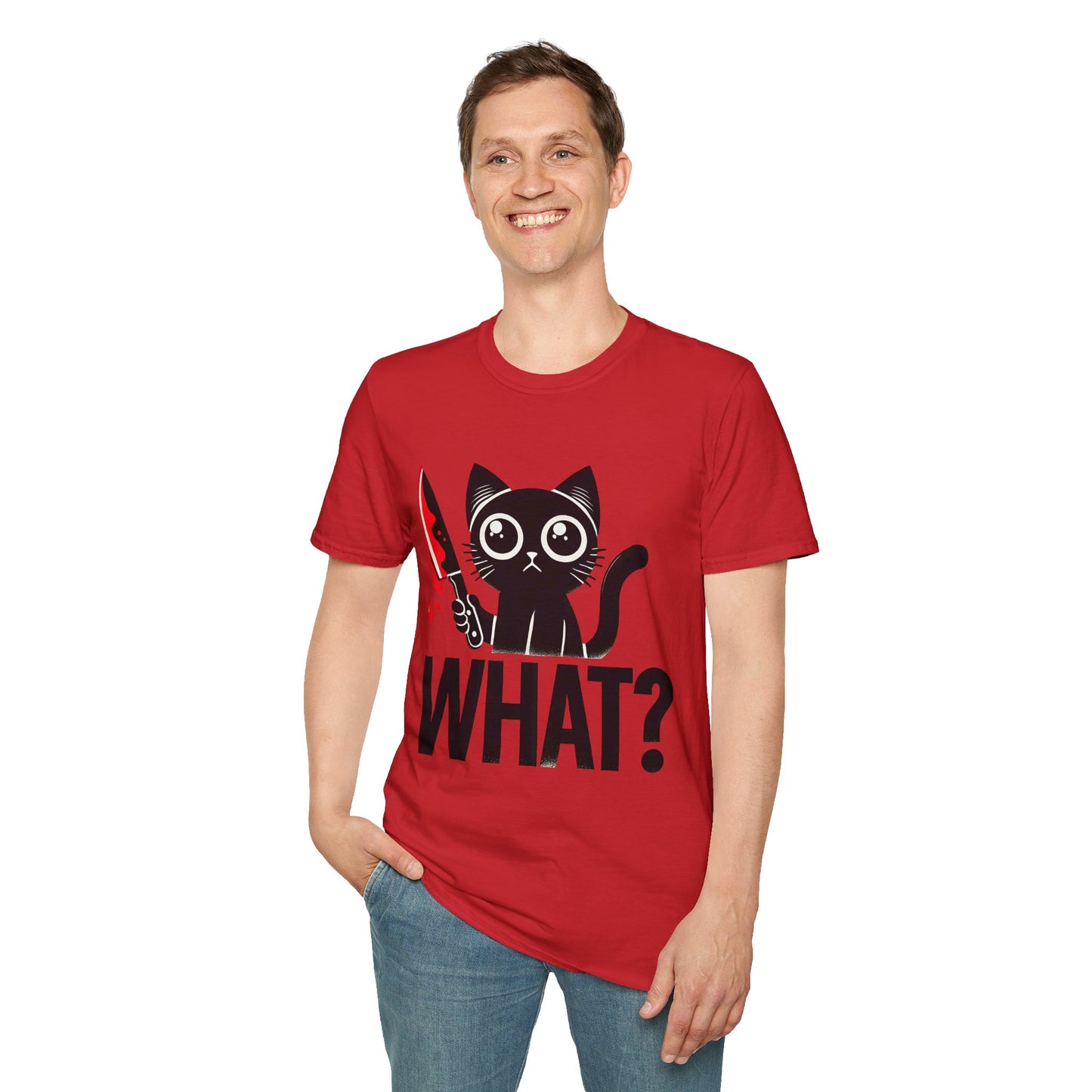 WHAT? Black Cat Holding Bloody Knife T-Shirt — Funny Cute Dark Humor Tee