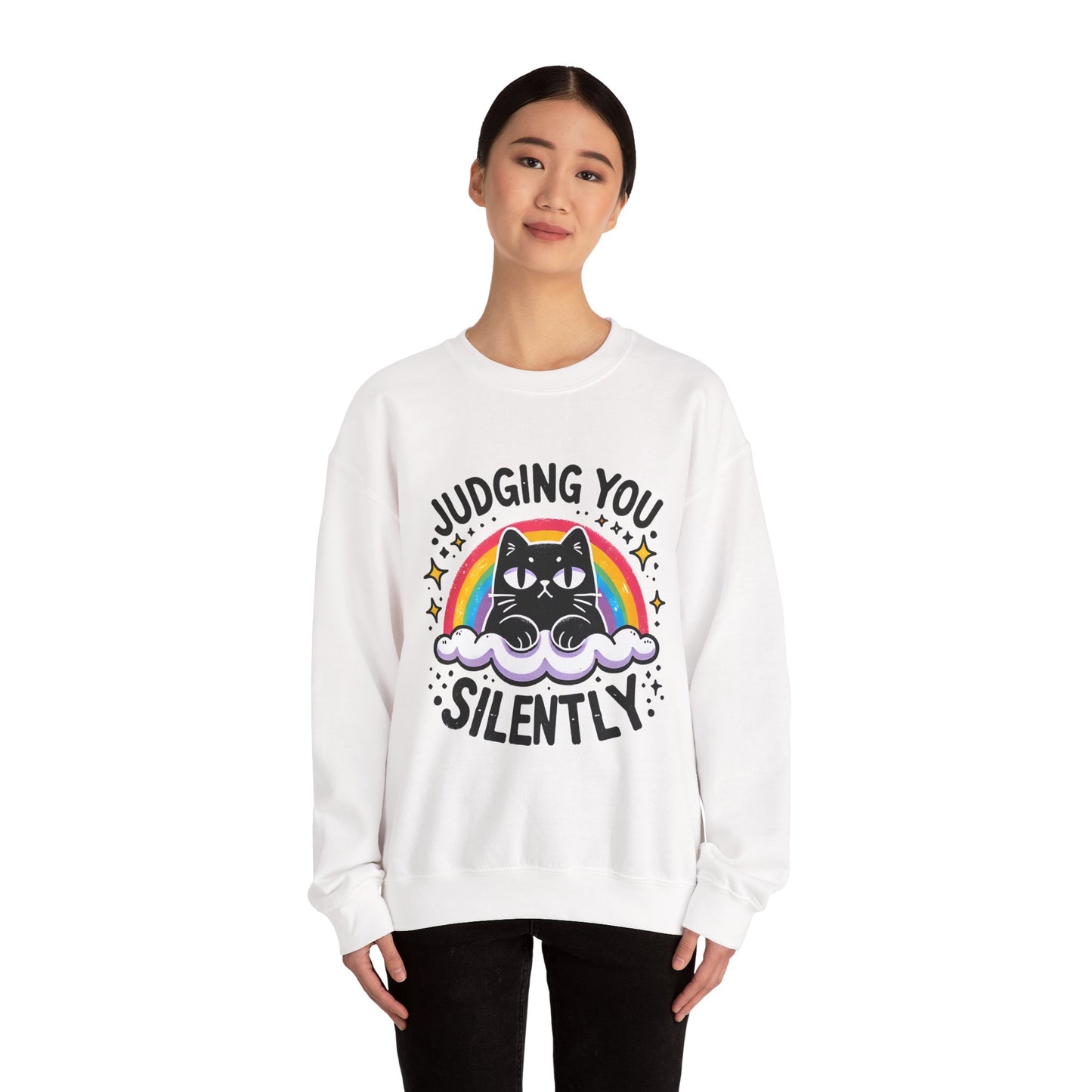 Judging You Silently Sweatshirt — Cute Black Cat Rainbow Crewneck