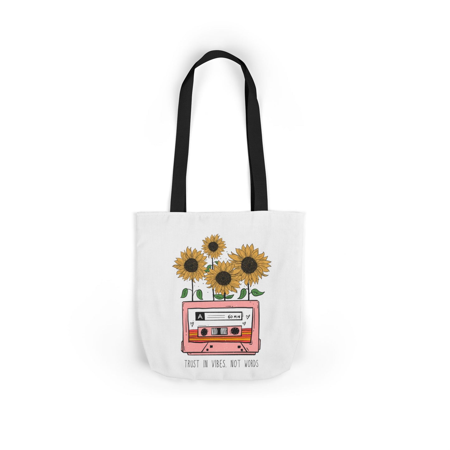 Sunflower Cassette Tote Bag — “Trust in Vibes, Not Wires” Canvas Tote