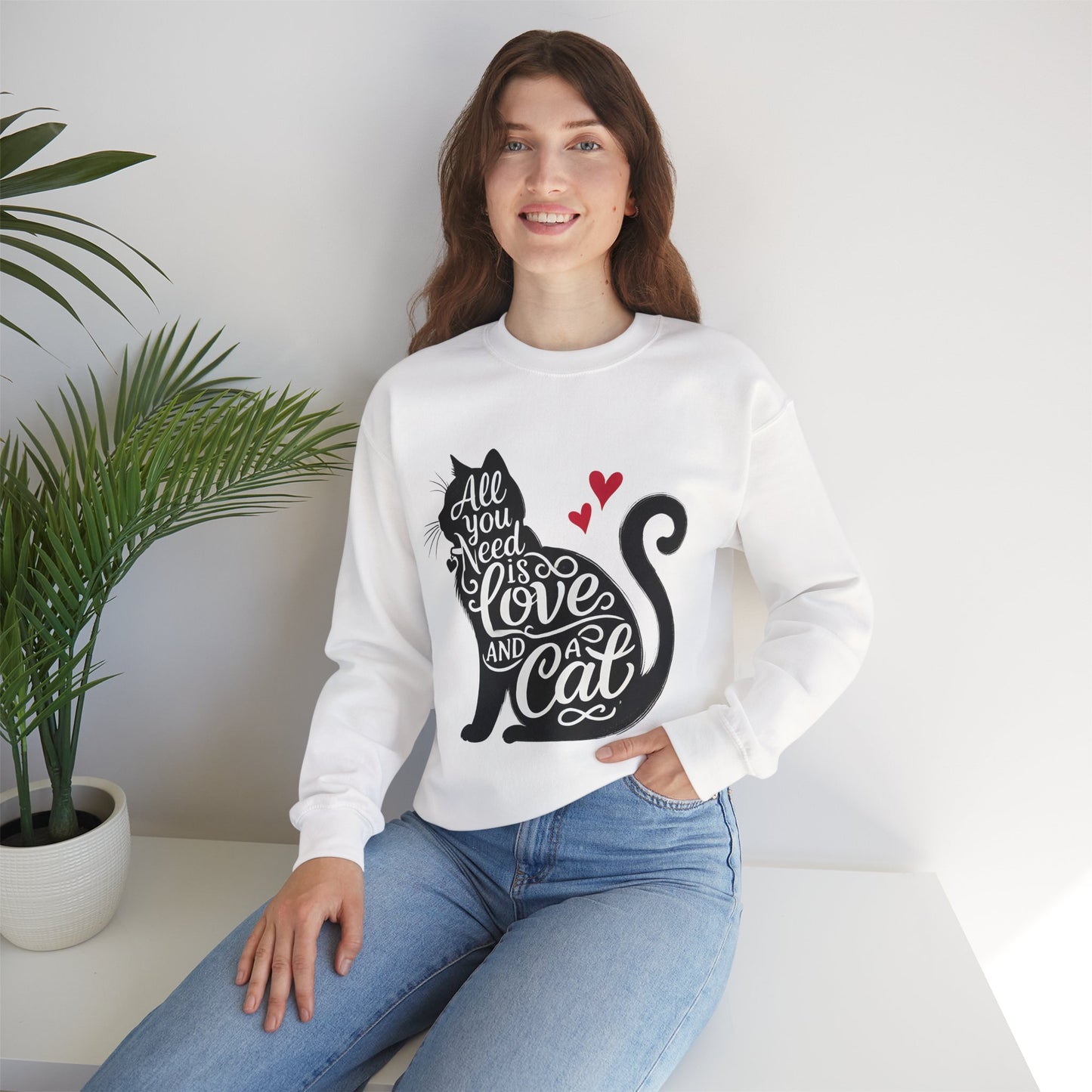 All You Need Is Love and a Cat sweatshirt - Cat Lover Crewneck Sweatshirt
