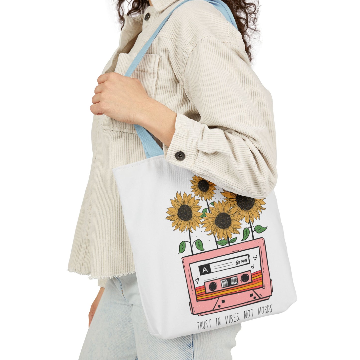 Sunflower Cassette Tote Bag — “Trust in Vibes, Not Wires” Canvas Tote
