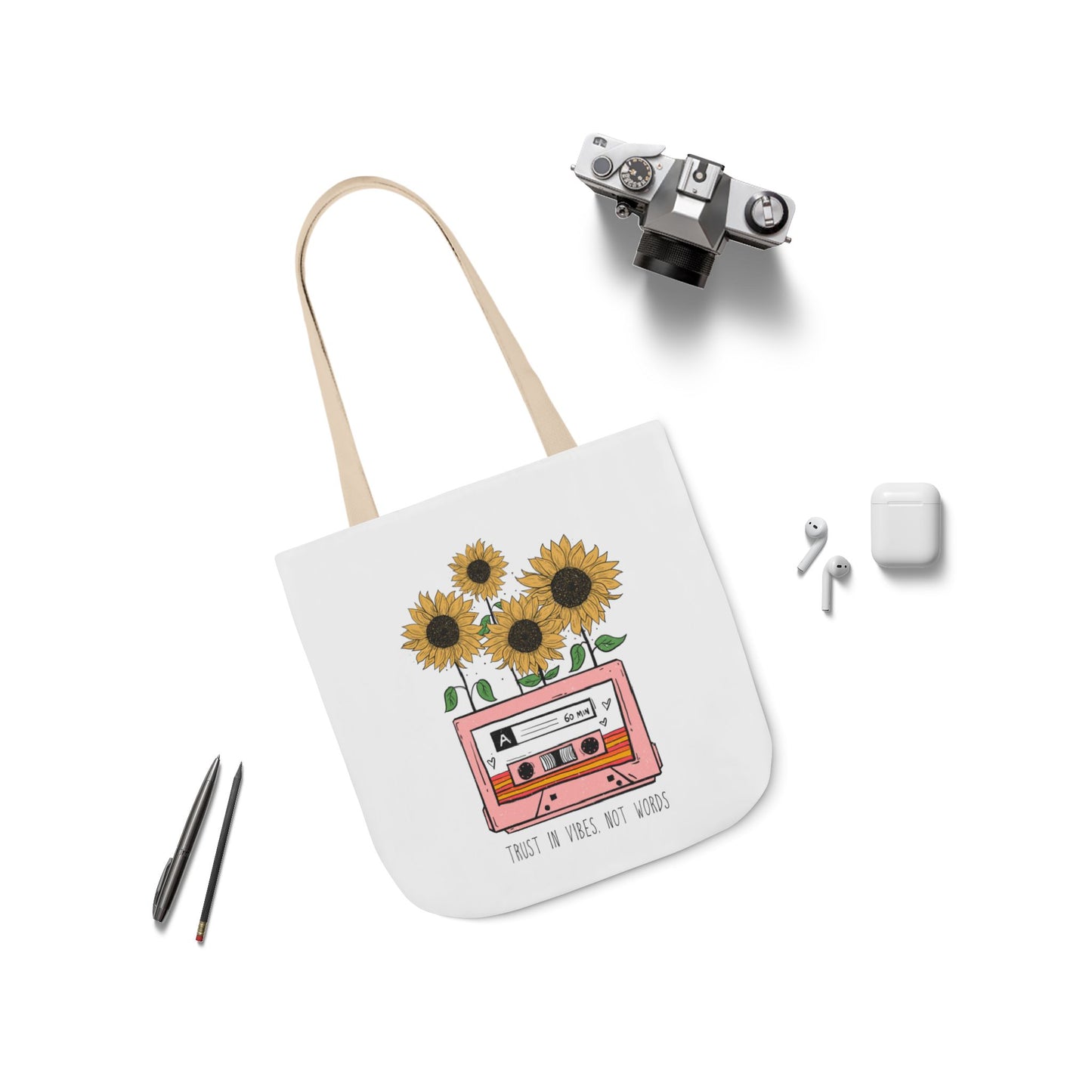 Sunflower Cassette Tote Bag — “Trust in Vibes, Not Wires” Canvas Tote