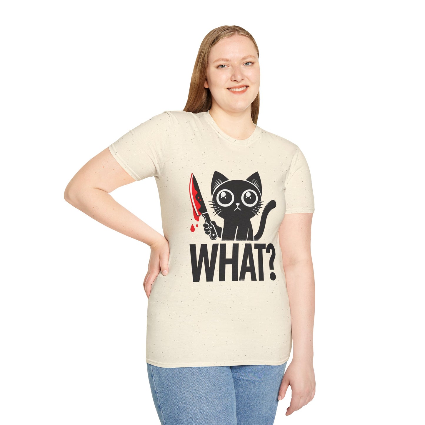 WHAT? Black Cat Holding Bloody Knife T-Shirt — Funny Cute Dark Humor Tee