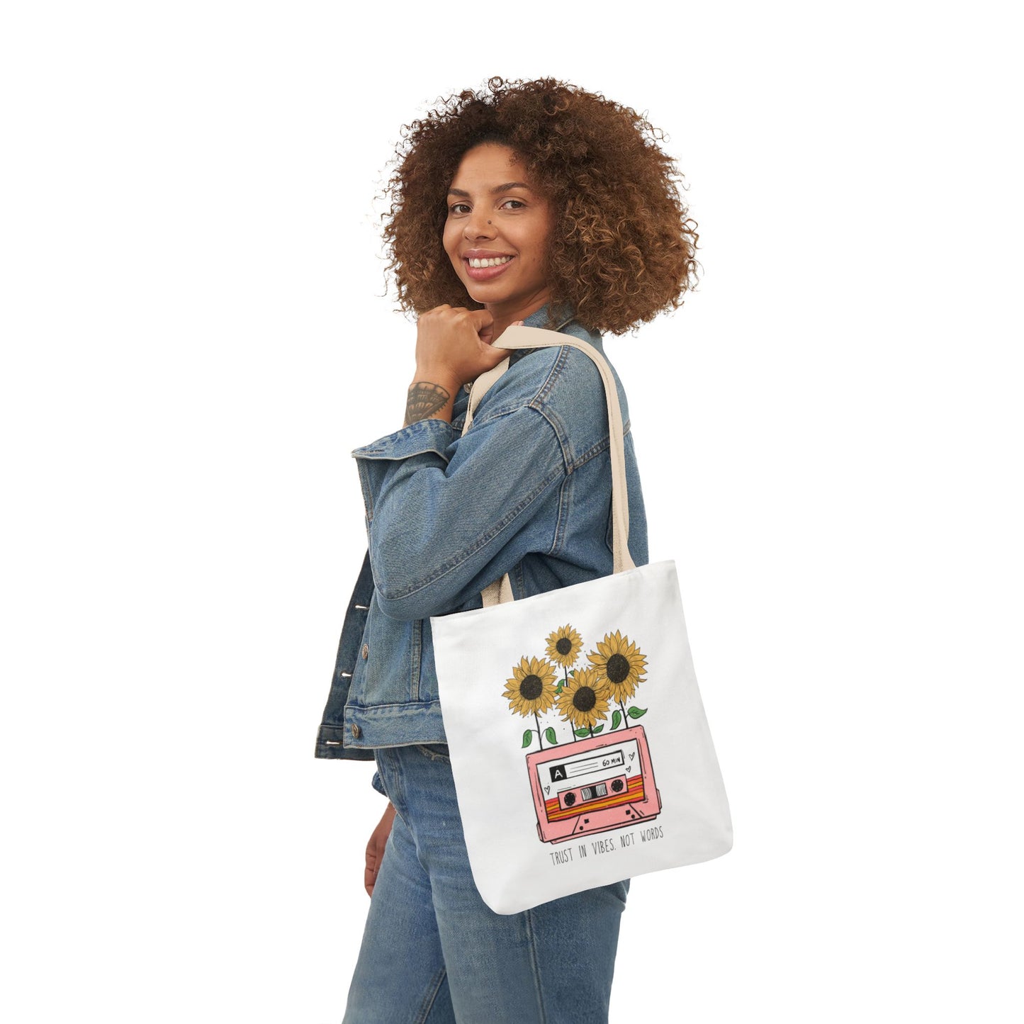 Sunflower Cassette Tote Bag — “Trust in Vibes, Not Wires” Canvas Tote