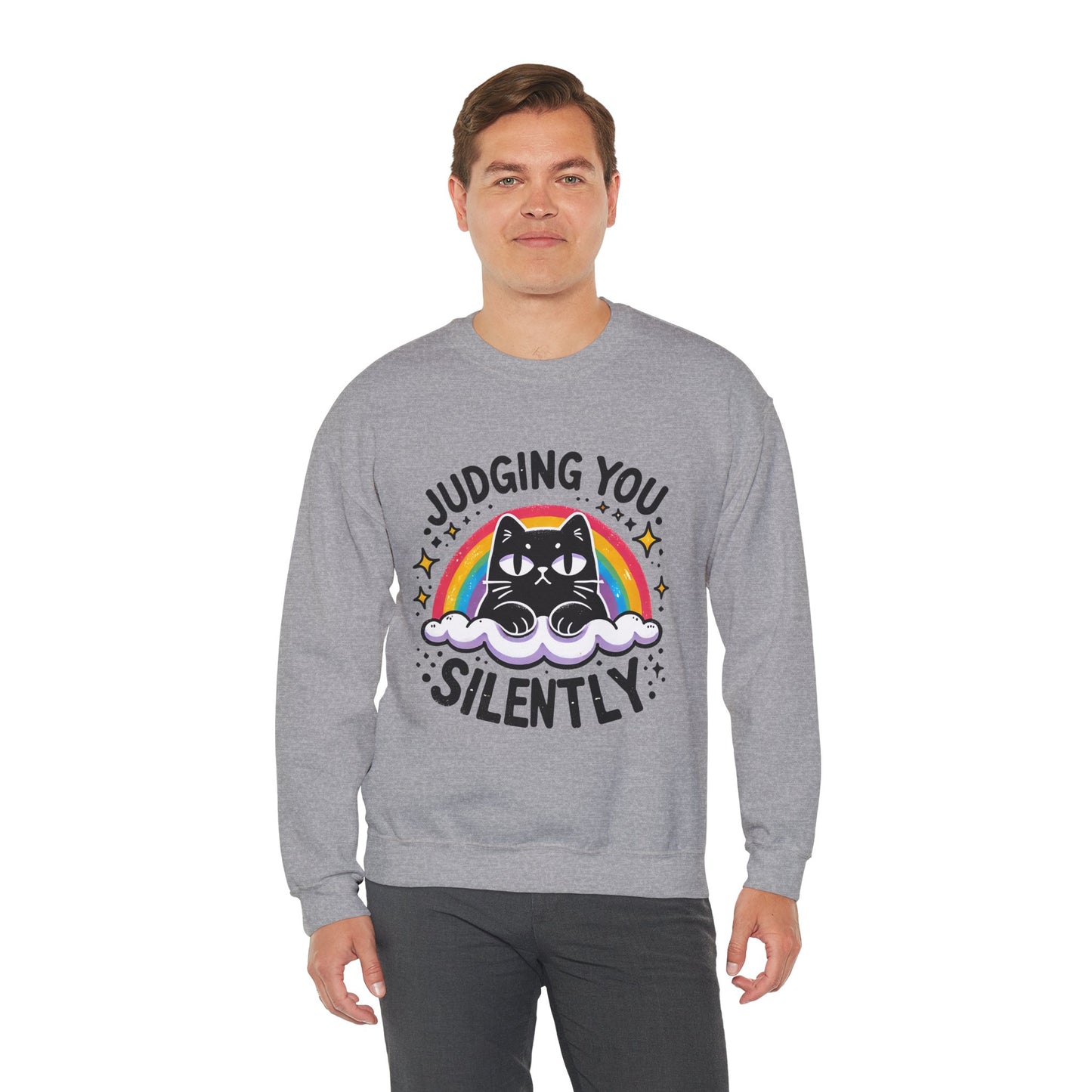 Judging You Silently Sweatshirt — Cute Black Cat Rainbow Crewneck