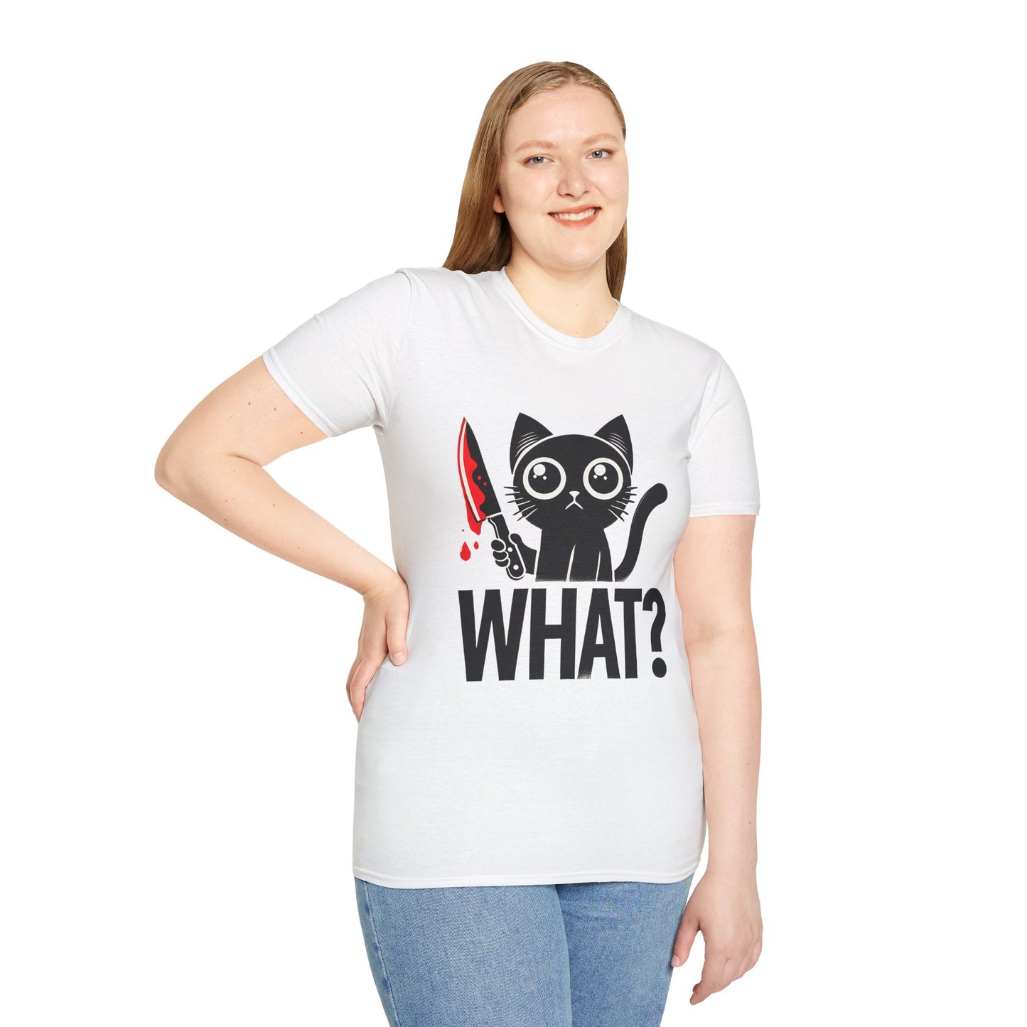 WHAT? Black Cat Holding Bloody Knife T-Shirt — Funny Cute Dark Humor Tee