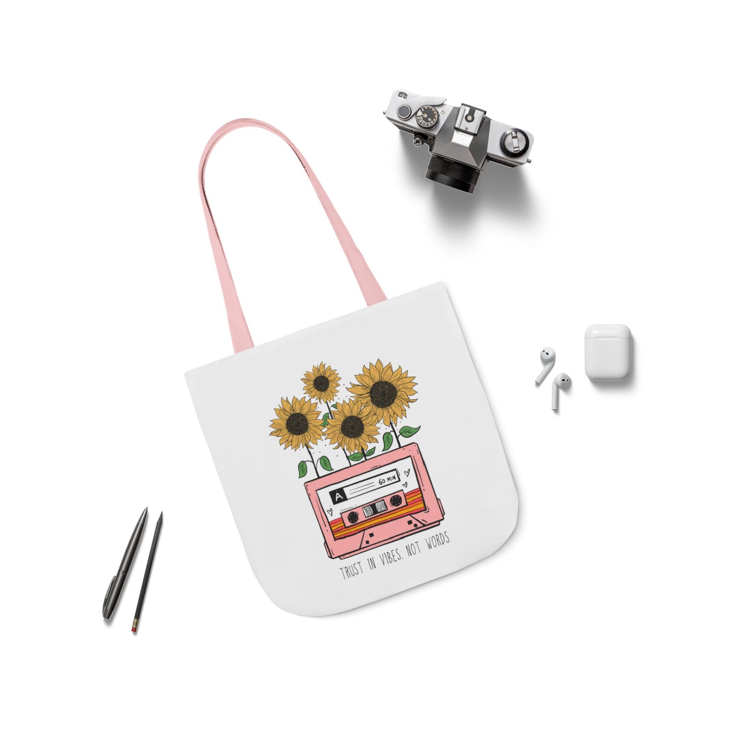 Sunflower Cassette Tote Bag — “Trust in Vibes, Not Wires” Canvas Tote