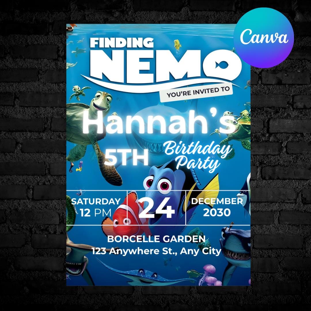 Invito di compleanno alla ricerca di Nemo: invito modificabile per una festa a tema oceano (modello Canva)