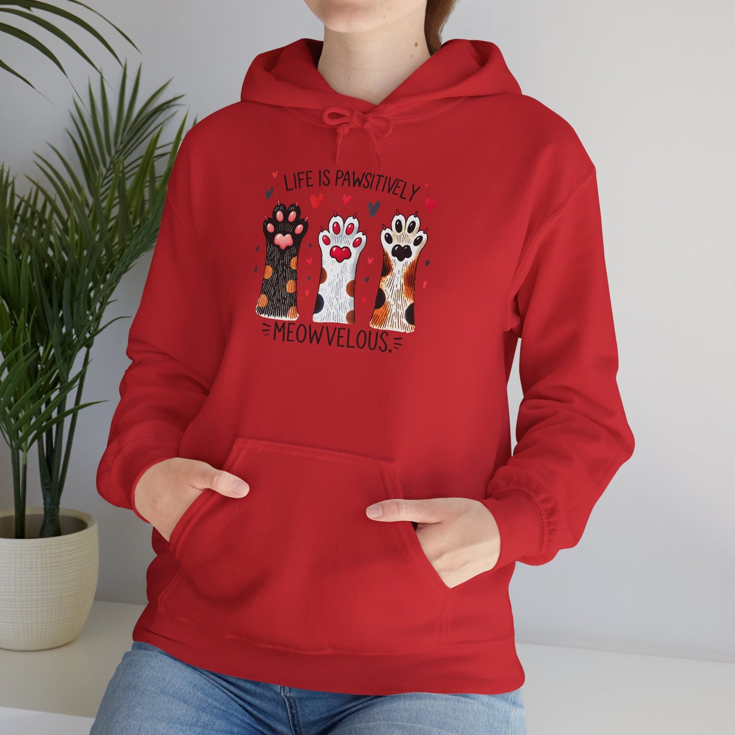 Cat Lover Hoodie — "Life is Pawsitively Meowvelous" Cute Cat Graphic Pullover