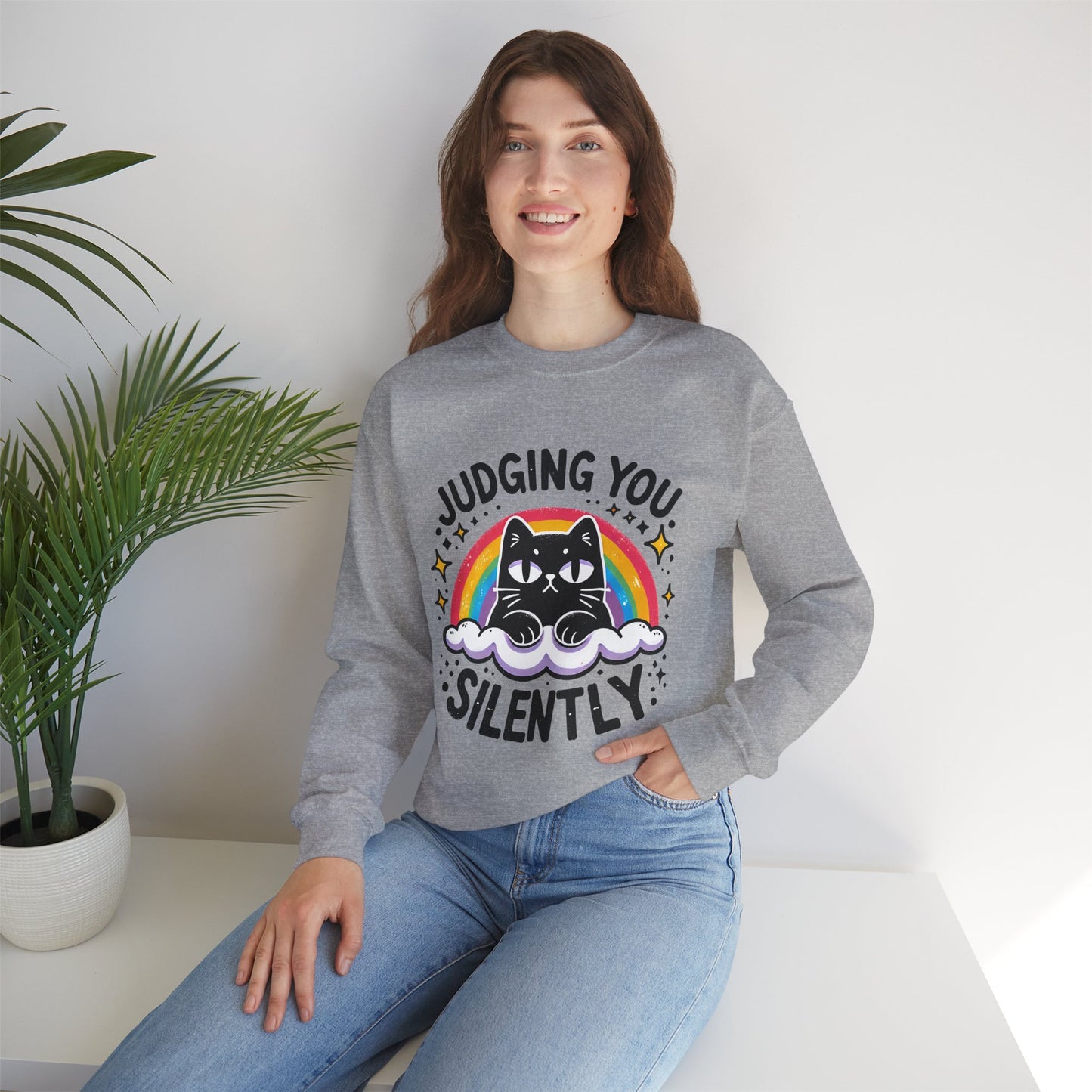 Judging You Silently Sweatshirt — Cute Black Cat Rainbow Crewneck