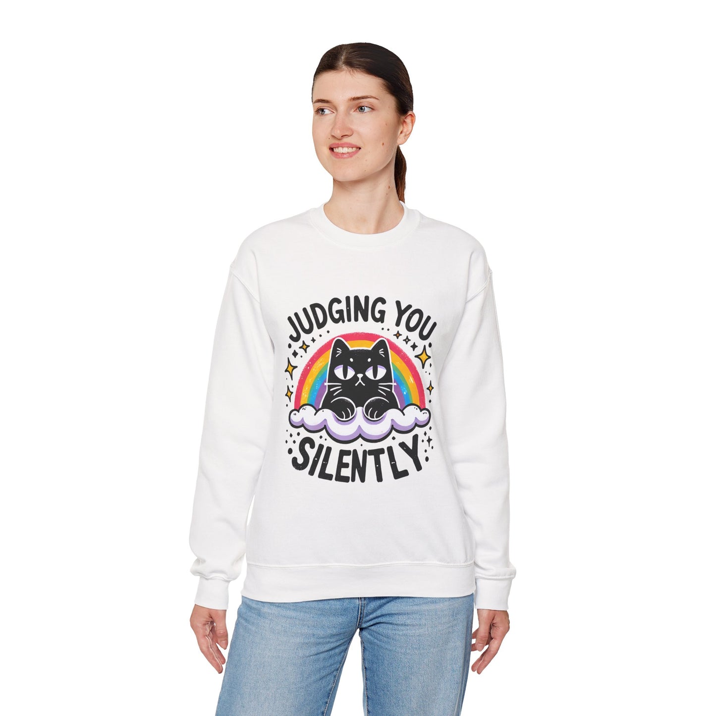 Judging You Silently Sweatshirt — Cute Black Cat Rainbow Crewneck