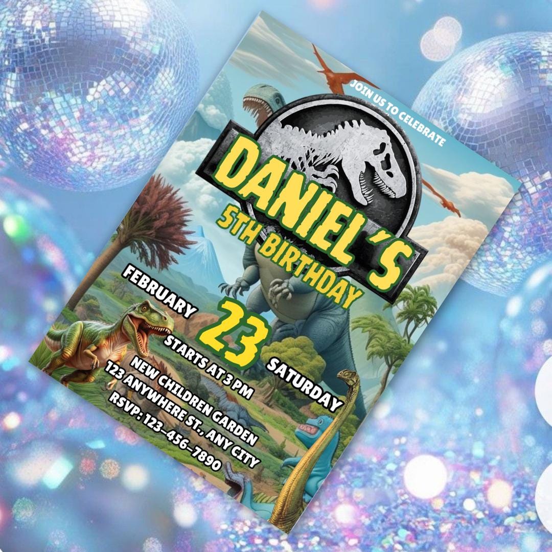 Invito di compleanno modificabile a tema dinosauri: festa T-Rex, ragazzi 1-4 anni (download digitale)