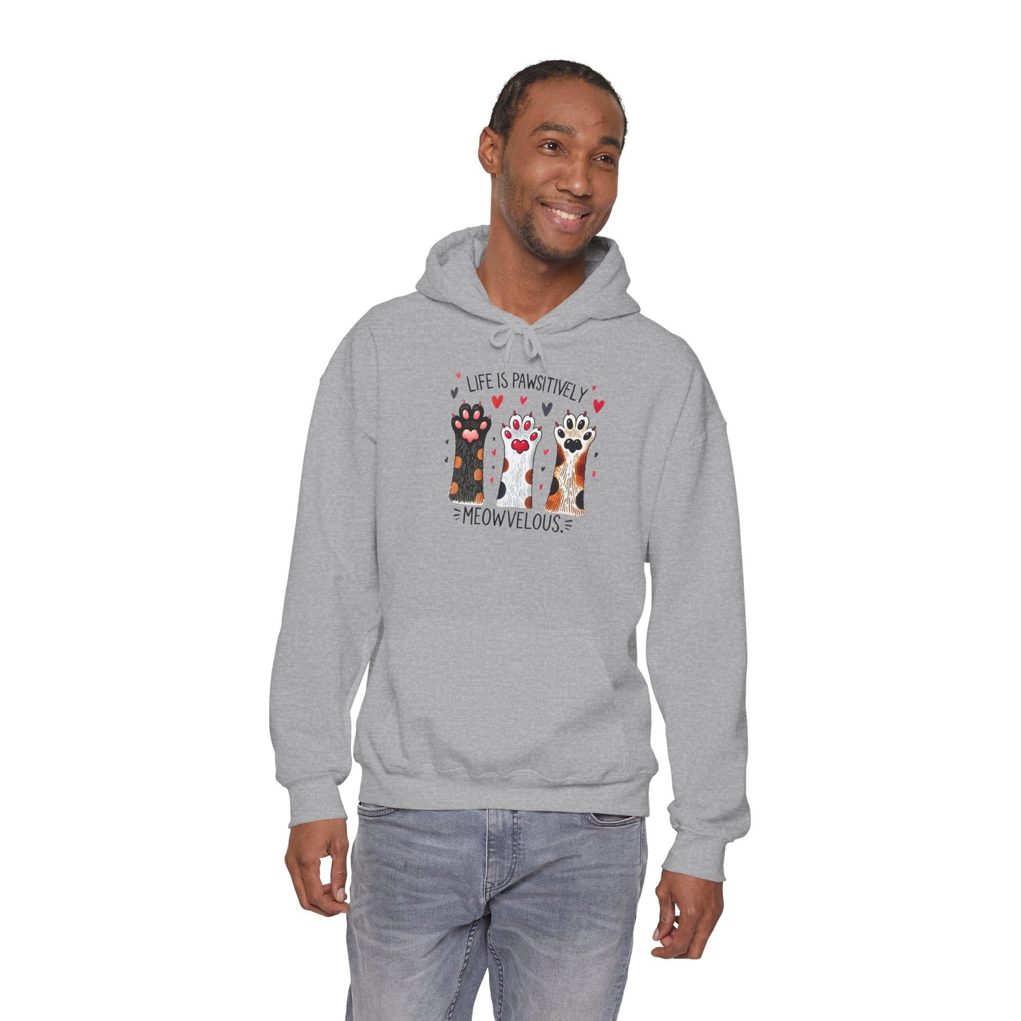 Cat Lover Hoodie — "Life is Pawsitively Meowvelous" Cute Cat Graphic Pullover