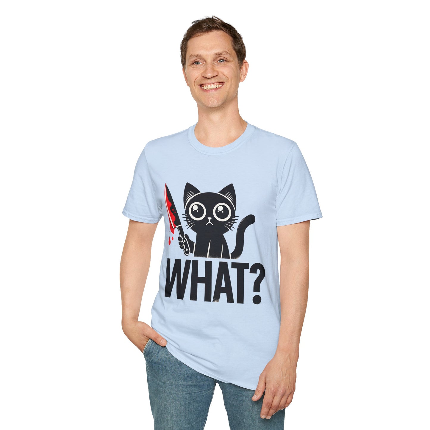 WHAT? Black Cat Holding Bloody Knife T-Shirt — Funny Cute Dark Humor Tee