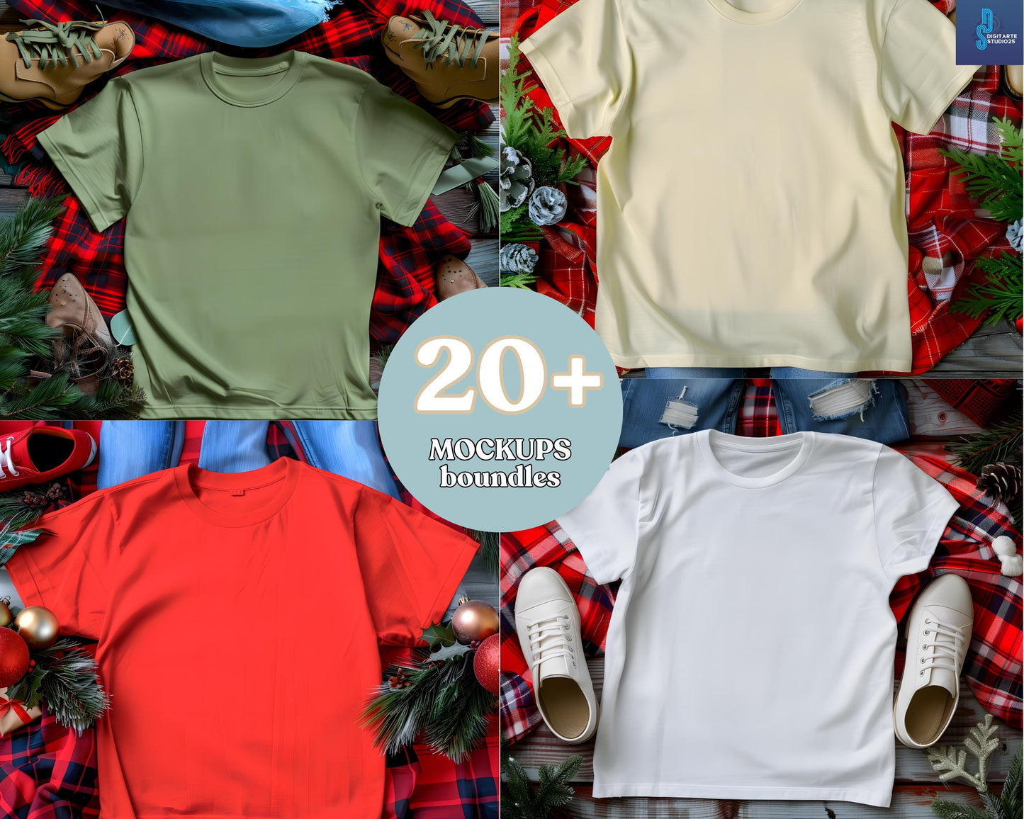 Christmas T-Shirt Mockup Bundle, Festive Holiday Designs (Digital Download)