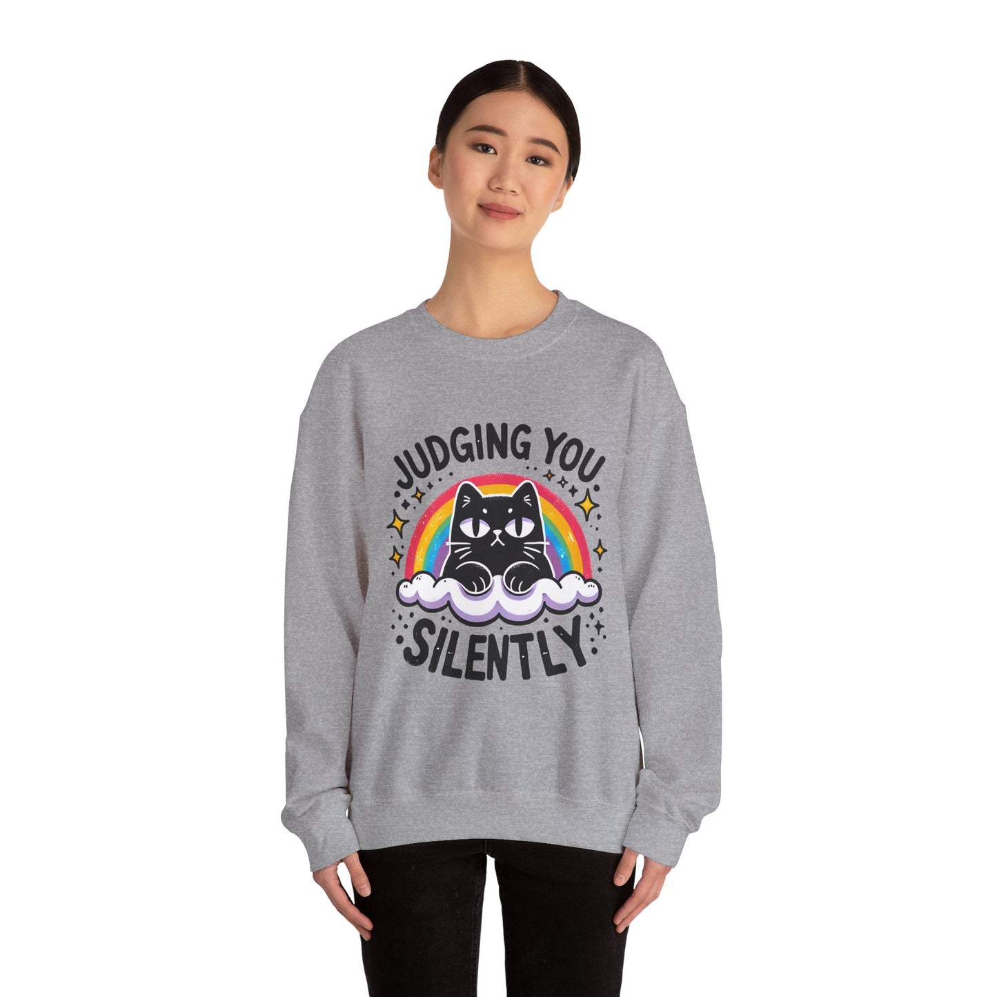 Judging You Silently Sweatshirt — Cute Black Cat Rainbow Crewneck