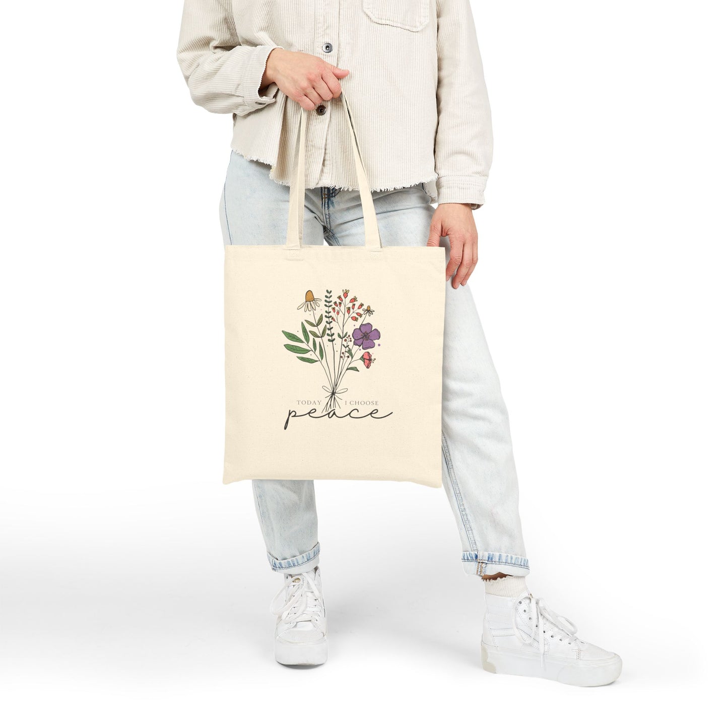 Peace Floral Tote Bag – Cotton Canvas Grocery & Market Bag with Wildflower Illustration