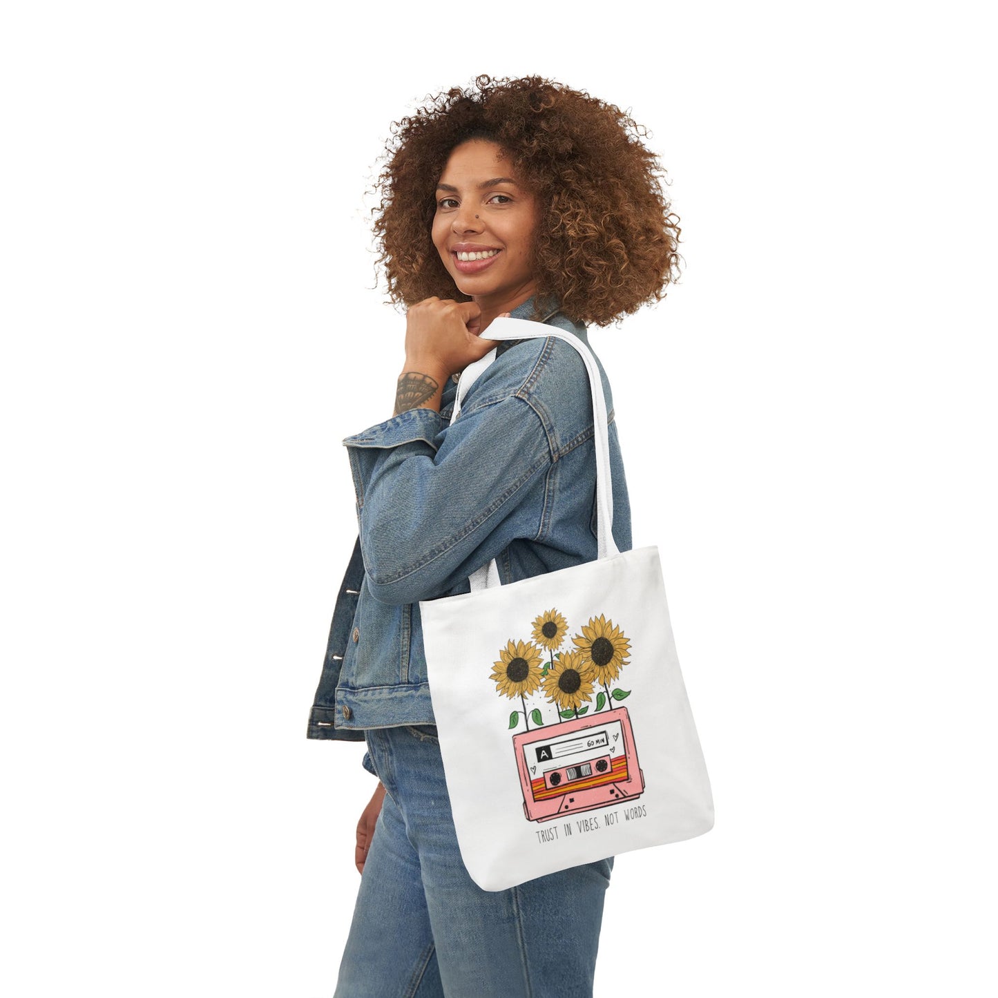 Sunflower Cassette Tote Bag — “Trust in Vibes, Not Wires” Canvas Tote