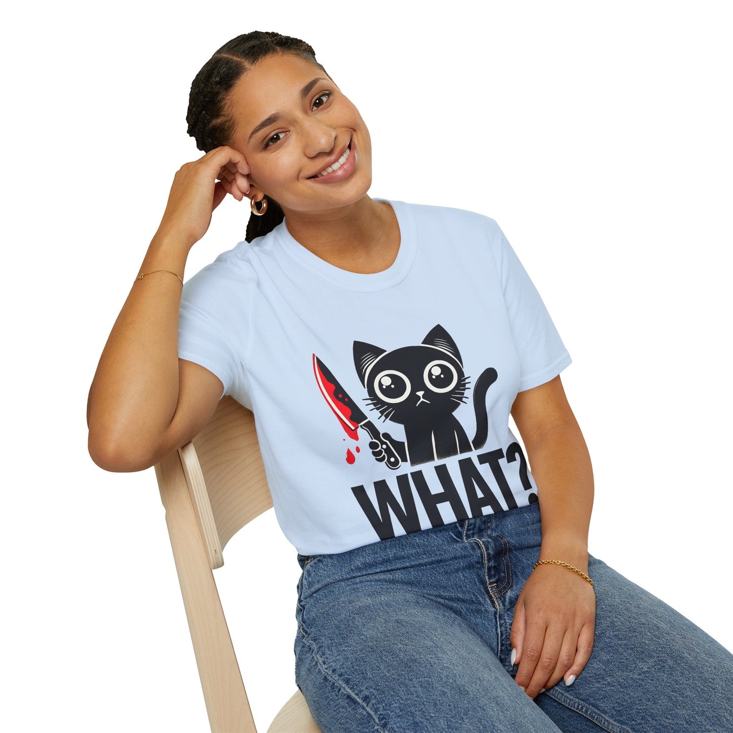 WHAT? Black Cat Holding Bloody Knife T-Shirt — Funny Cute Dark Humor Tee