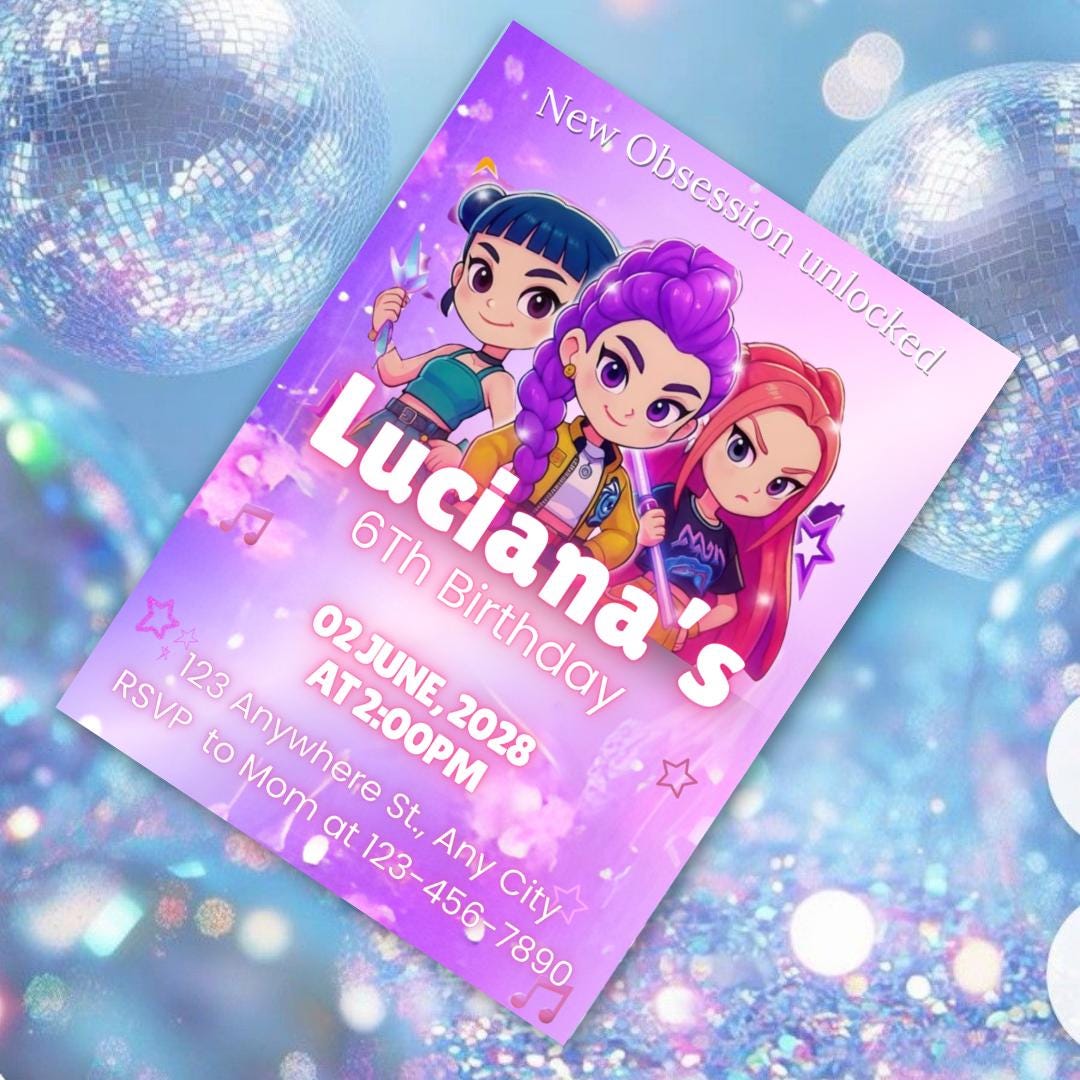 Editable Anime Kpop Anime Kids Invitation, Neon Kpop Demon Hunters Invitation KPop Anime Birthday Girls Printable Invitations