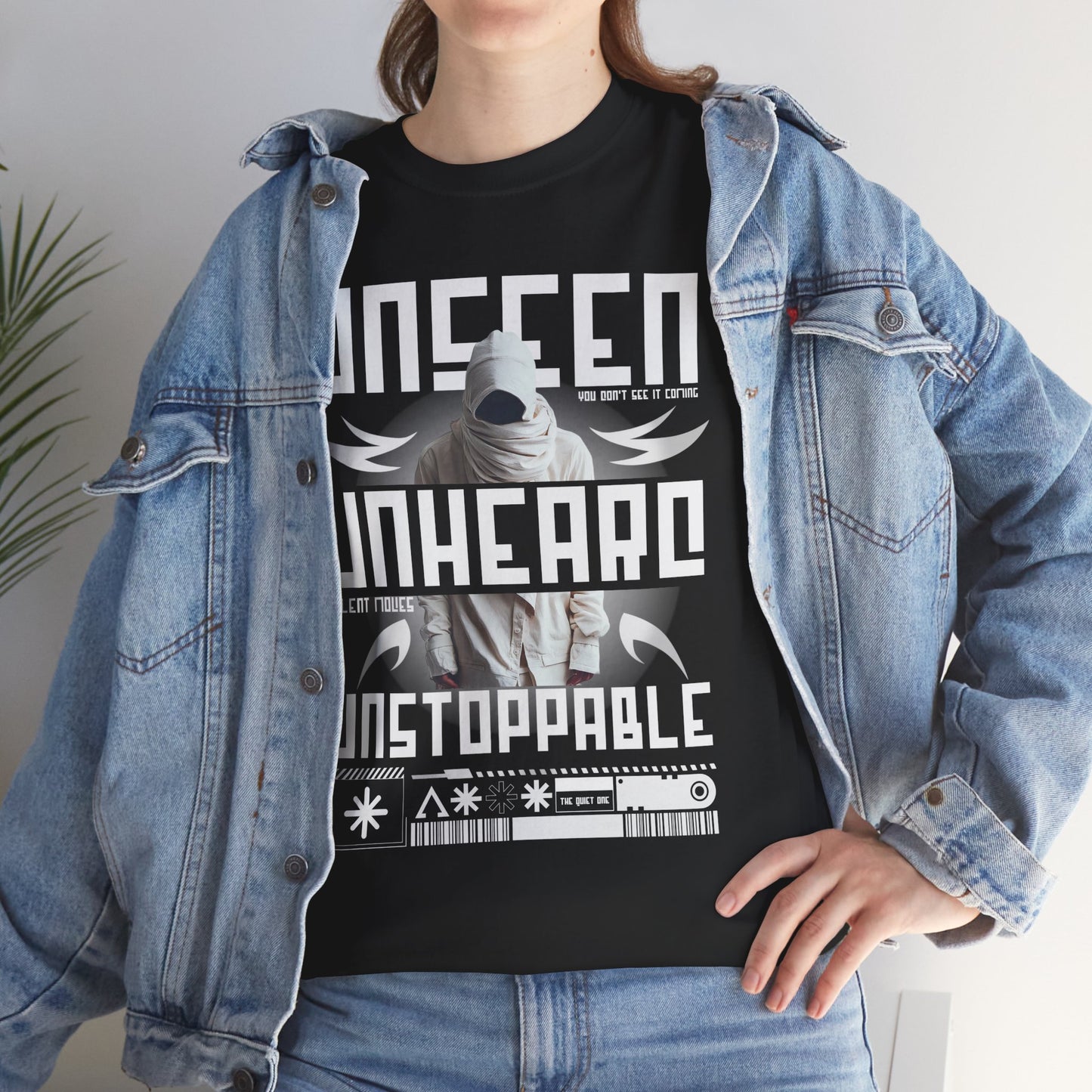 T-Shirt — "Unseen, Unheard, Unstoppable" Graphic Tee (Bold Futuristic Design)