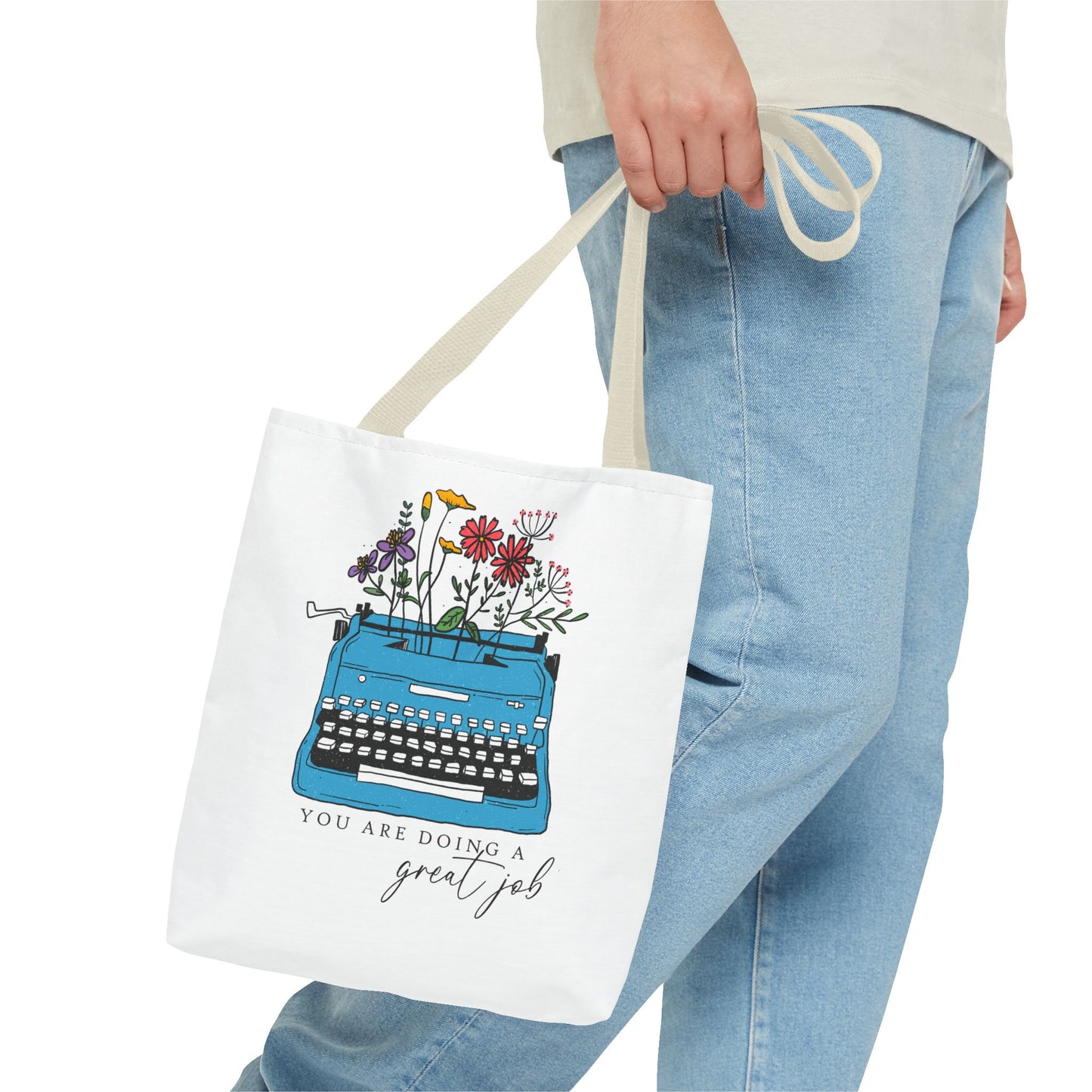 Typewriter Floral Tote — "You Are Doing a Great Job" Inspirational Canvas Bag
