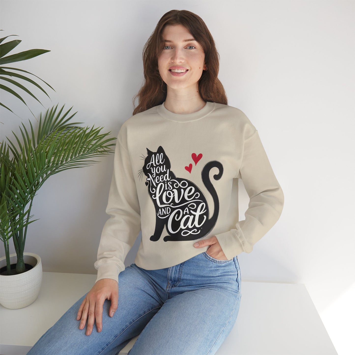 All You Need Is Love and a Cat sweatshirt - Cat Lover Crewneck Sweatshirt