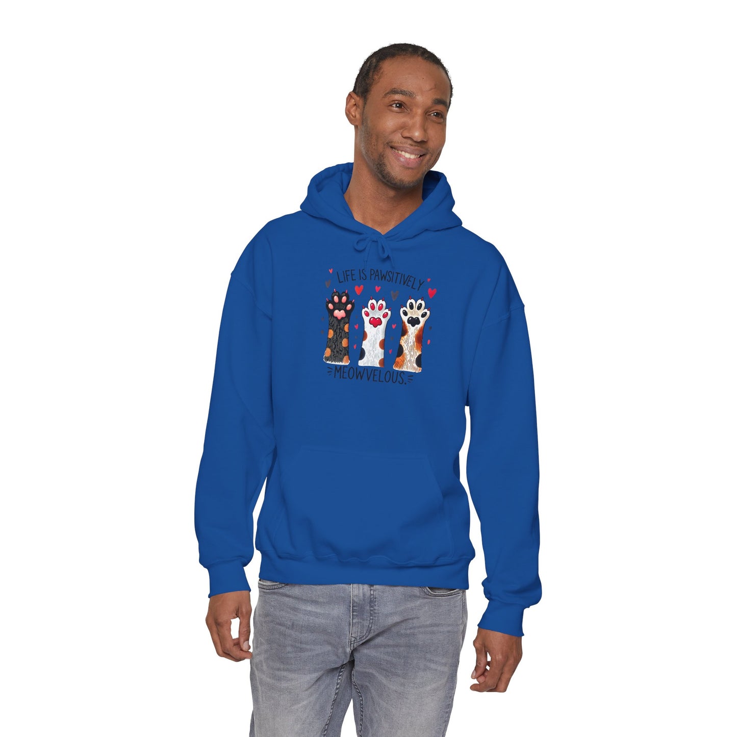 Cat Lover Hoodie — "Life is Pawsitively Meowvelous" Cute Cat Graphic Pullover