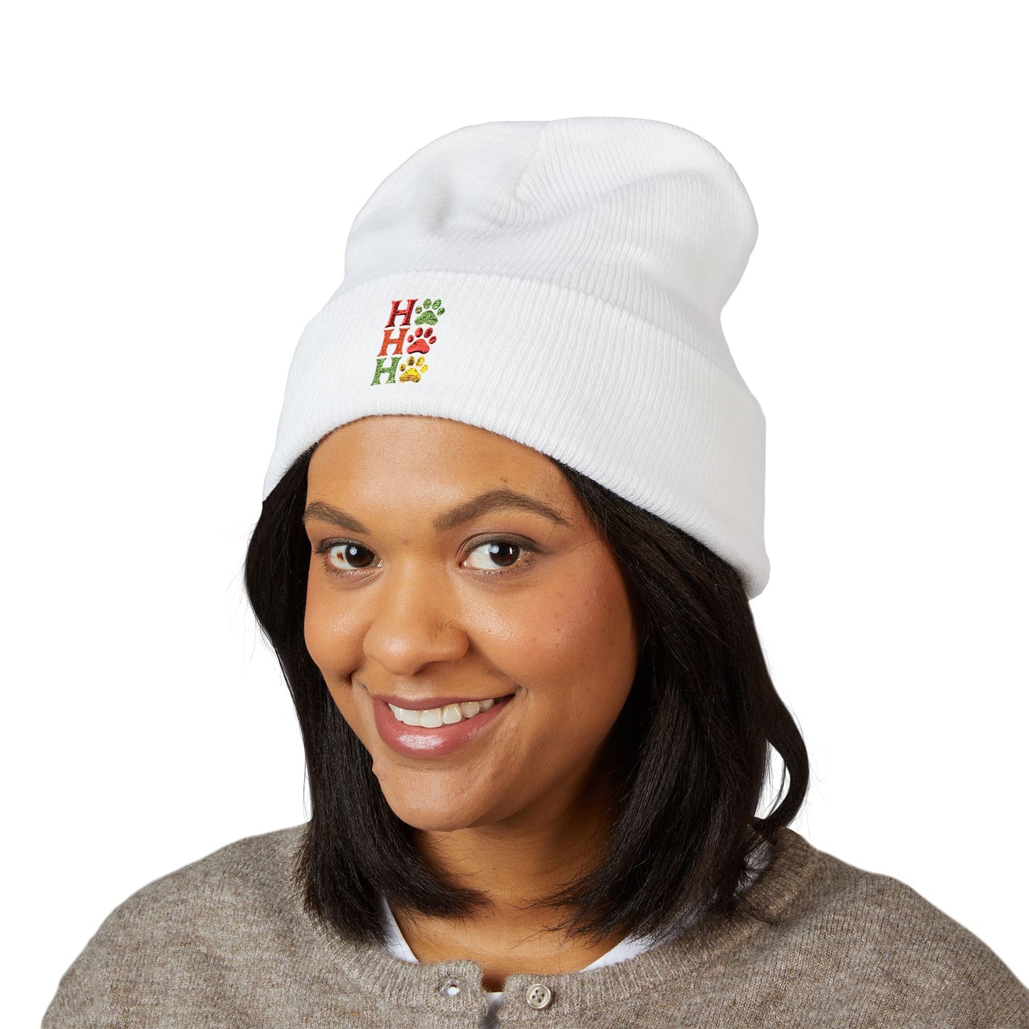 Ho Ho Ho Embroidered Cuffed Beanie — Festive Christmas Knit Hat