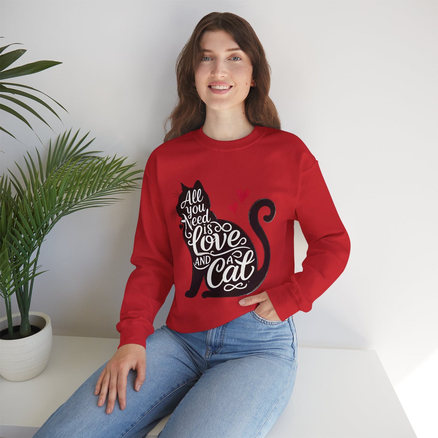 All You Need Is Love and a Cat sweatshirt - Cat Lover Crewneck Sweatshirt