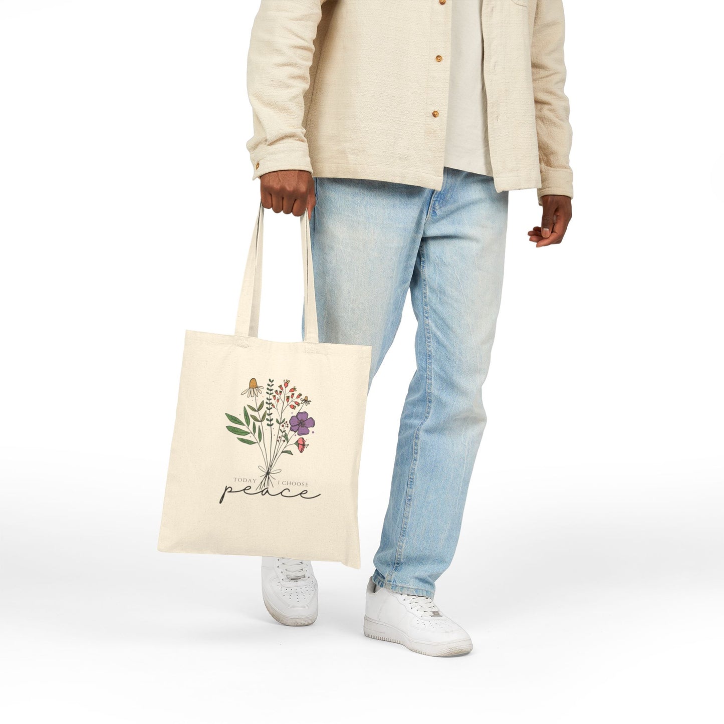 Peace Floral Tote Bag – Cotton Canvas Grocery & Market Bag with Wildflower Illustration