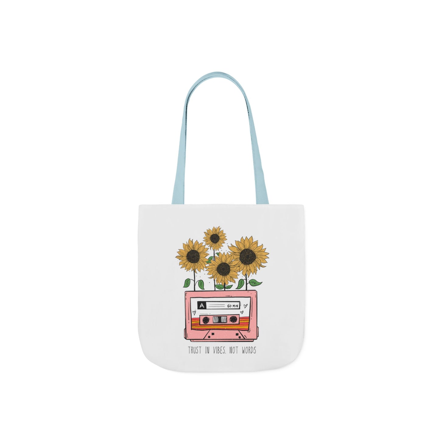 Sunflower Cassette Tote Bag — “Trust in Vibes, Not Wires” Canvas Tote