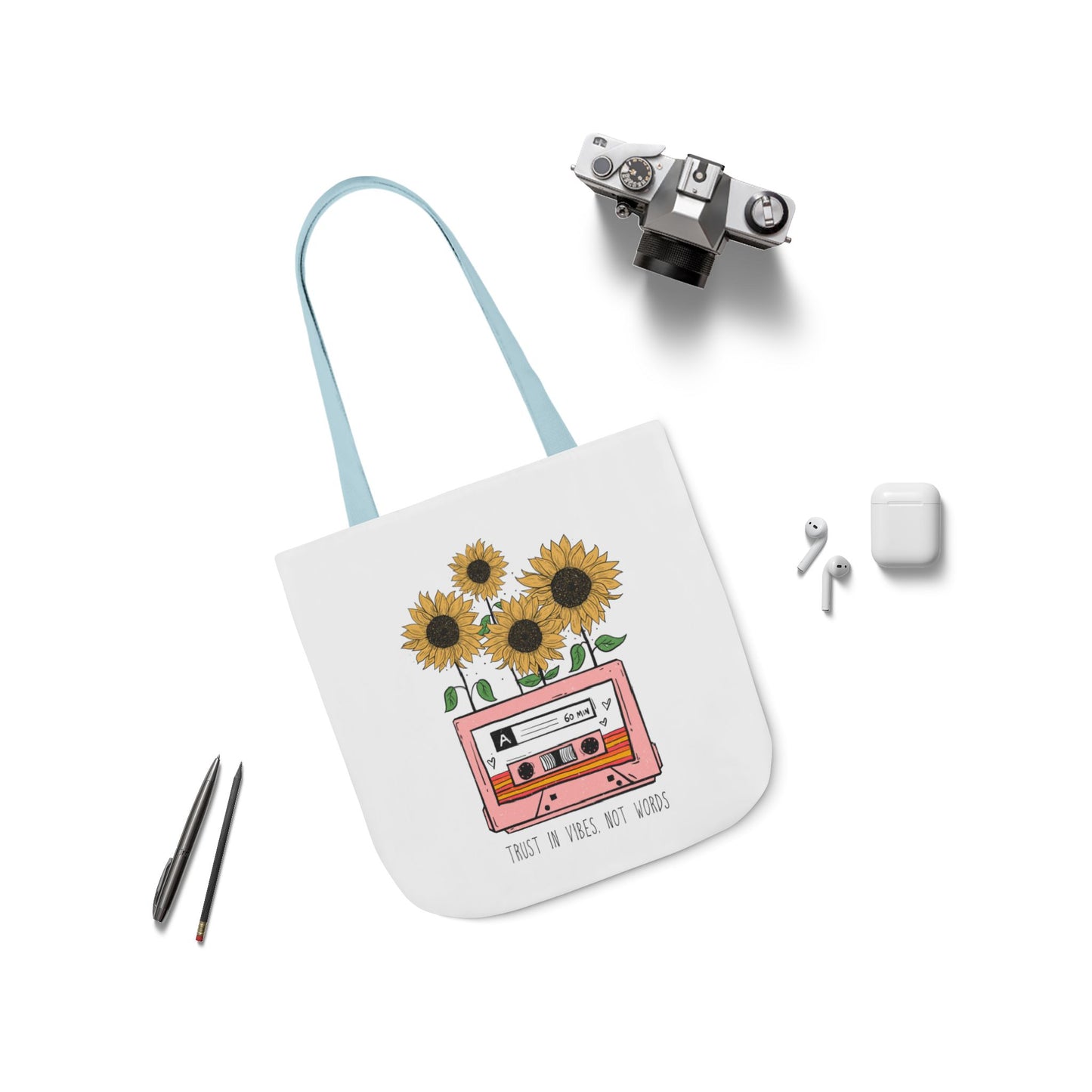 Sunflower Cassette Tote Bag — “Trust in Vibes, Not Wires” Canvas Tote