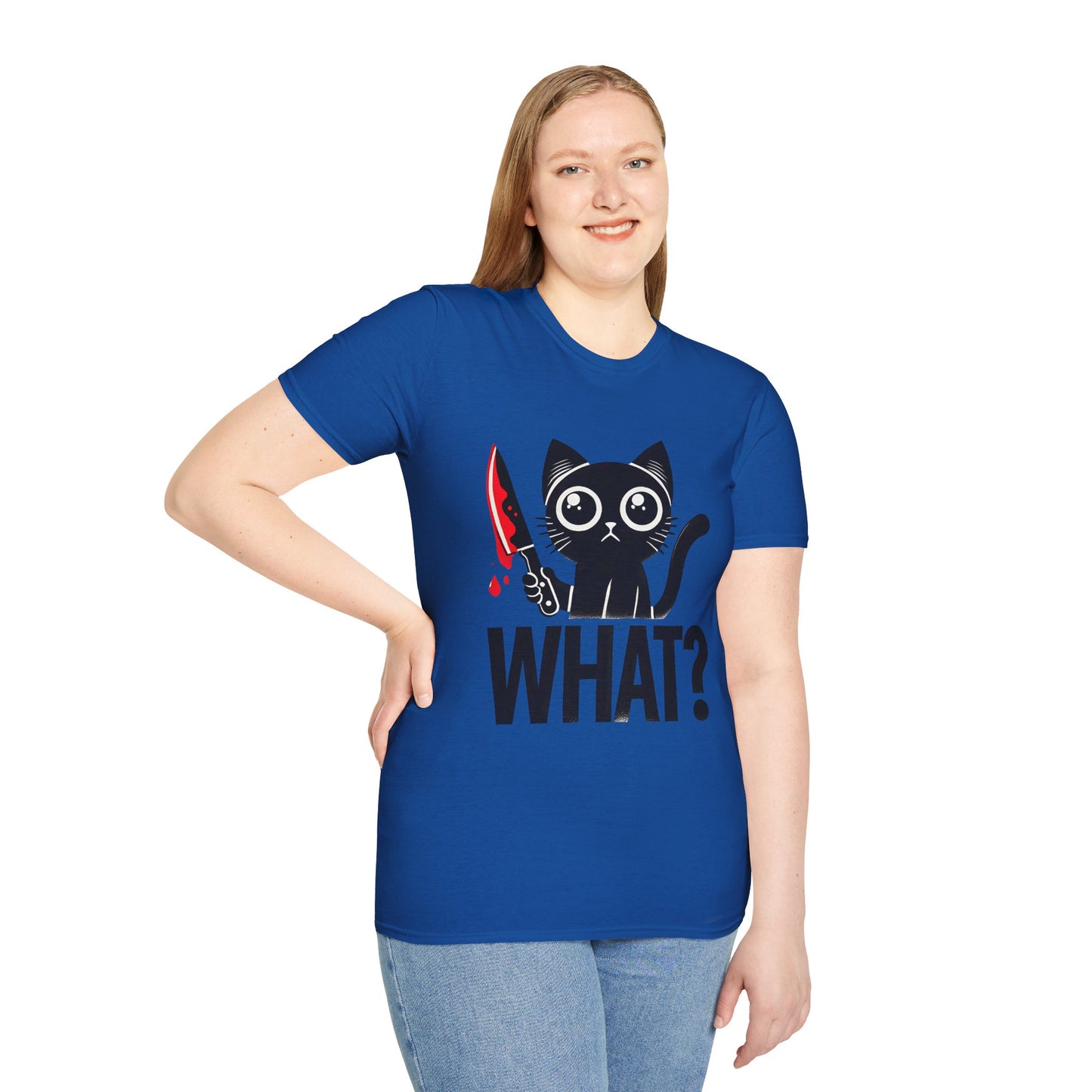 WHAT? Black Cat Holding Bloody Knife T-Shirt — Funny Cute Dark Humor Tee