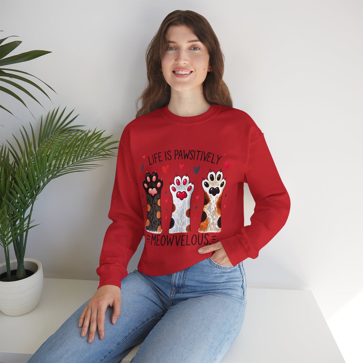 Cat Paw Sweatshirt – "Life Is Pawsitively Meowvelous" Cute Cat Lover Crewneck