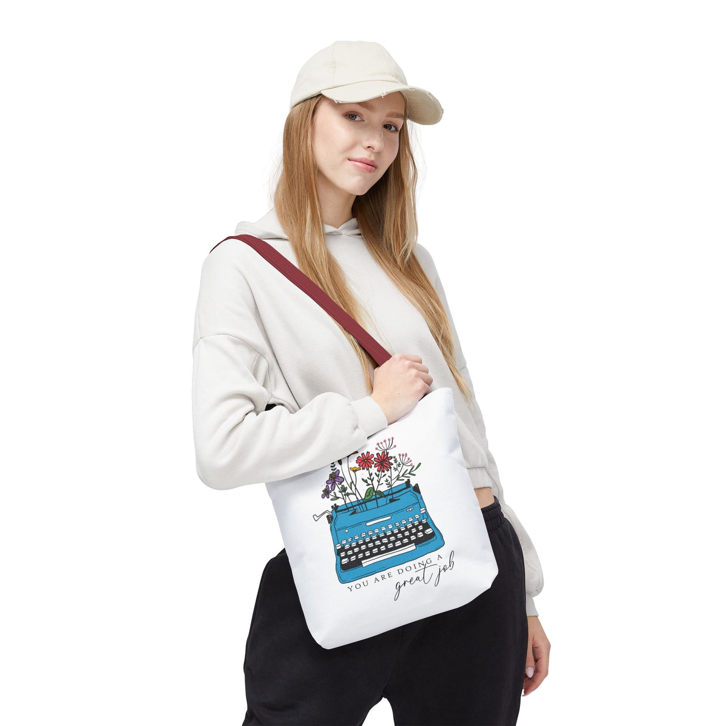 Typewriter Floral Tote — "You Are Doing a Great Job" Inspirational Canvas Bag