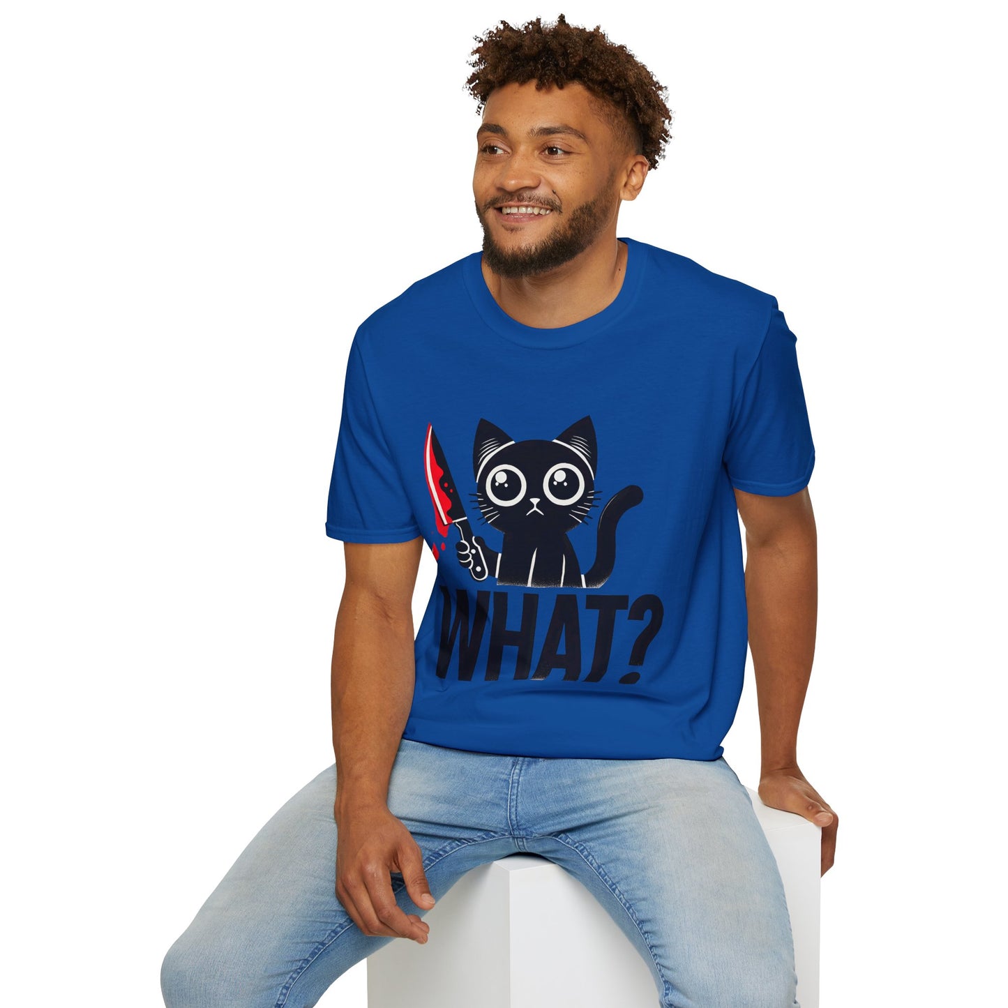 WHAT? Black Cat Holding Bloody Knife T-Shirt — Funny Cute Dark Humor Tee