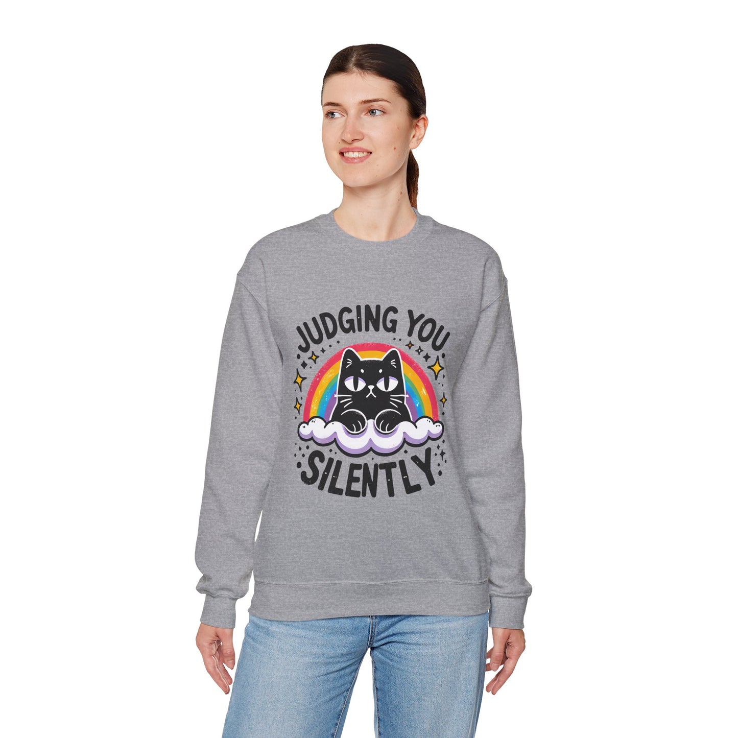 Judging You Silently Sweatshirt — Cute Black Cat Rainbow Crewneck